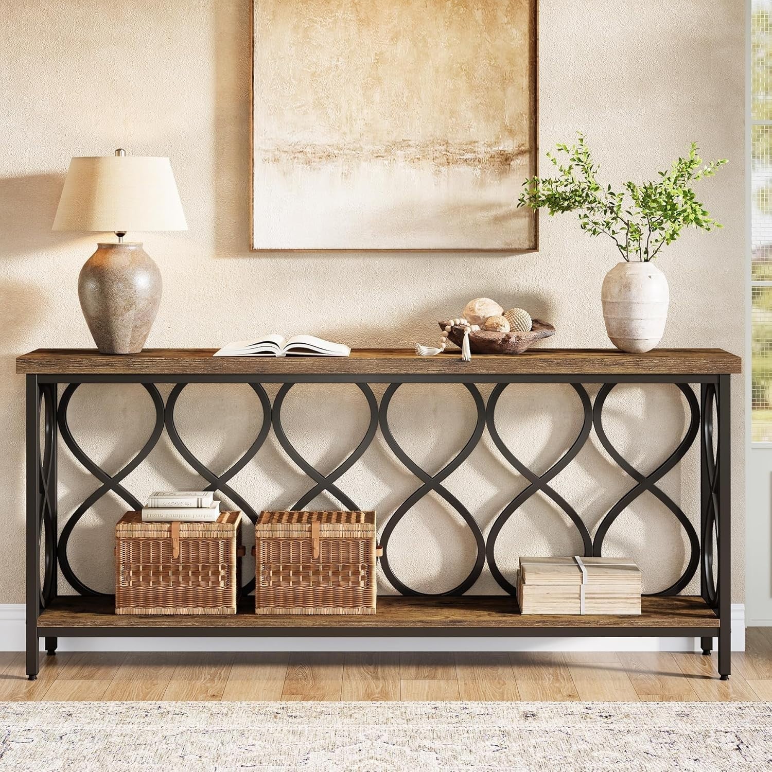 Industrial Console Table 90x90x40cm Rustic Brown 2-Tier Sofa Entryway