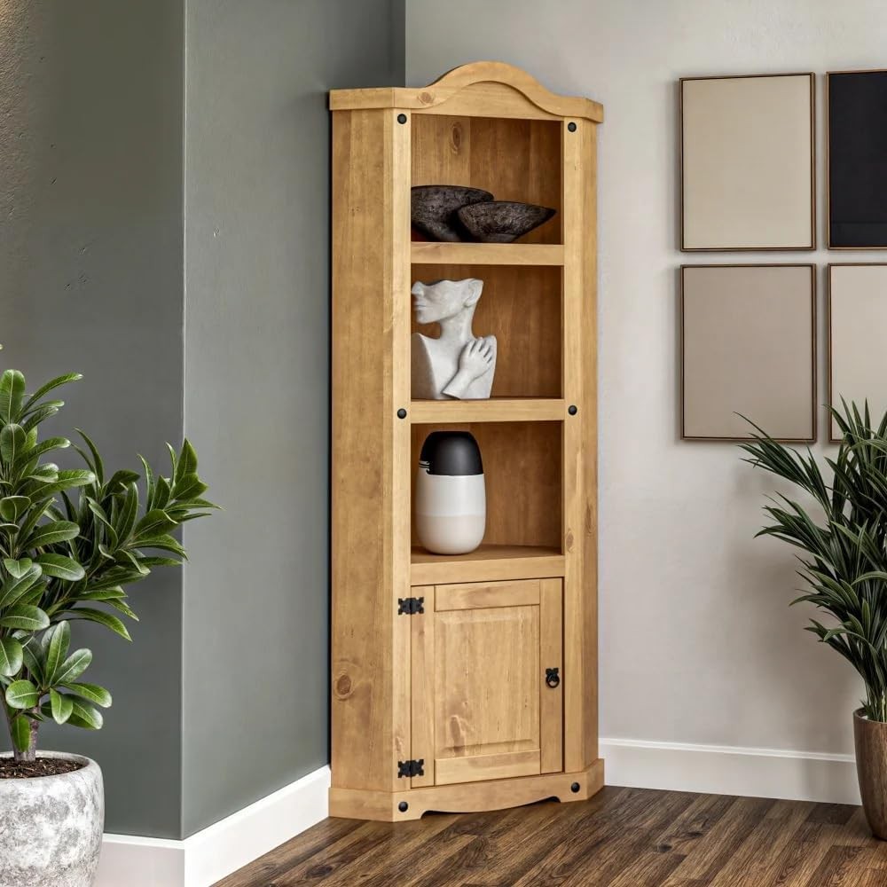 Solid Pine Corner Display Cabinet Rustic Tall Bookcase Unit with Door & Shelves