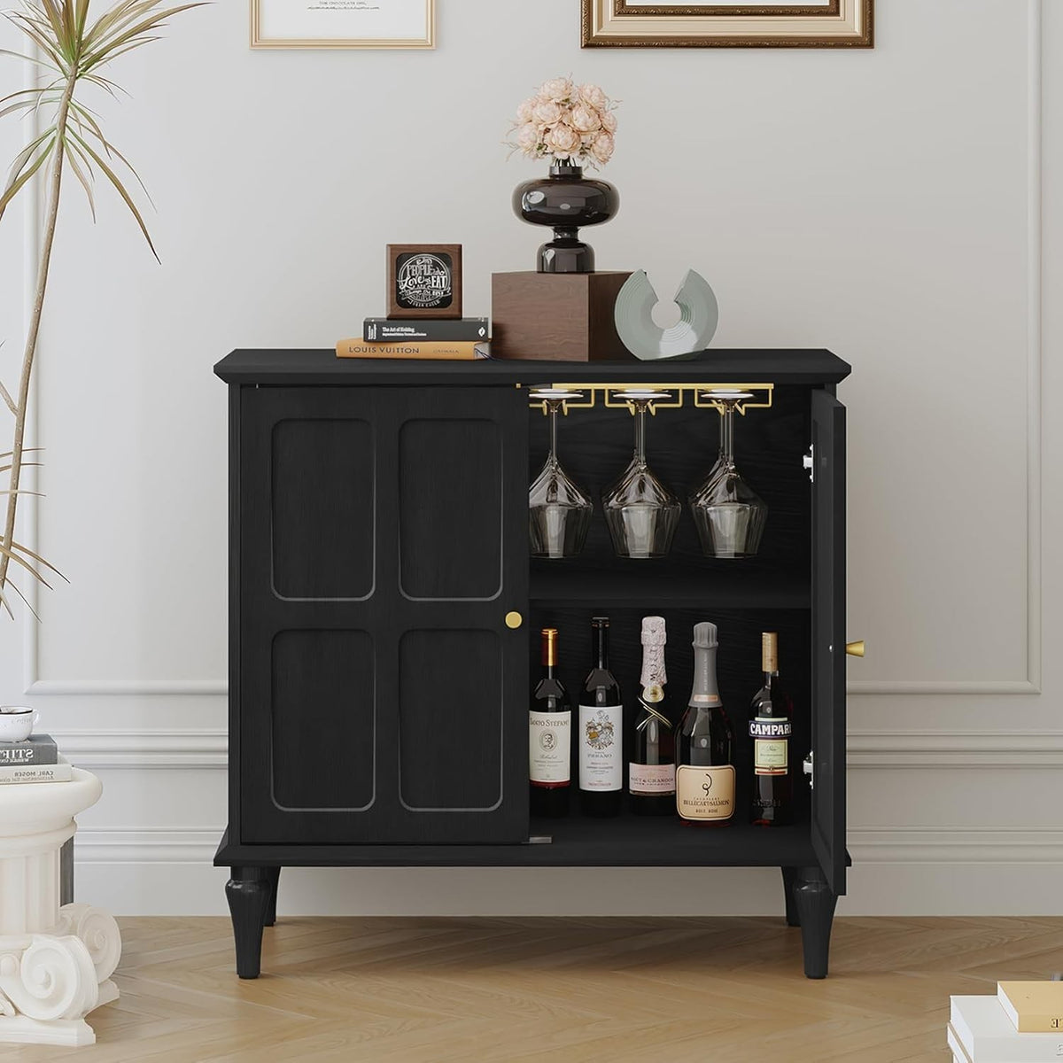 Mid-Century Wooden Drinks Cabinet with Wine Glass Rack & Storage for Home Bar