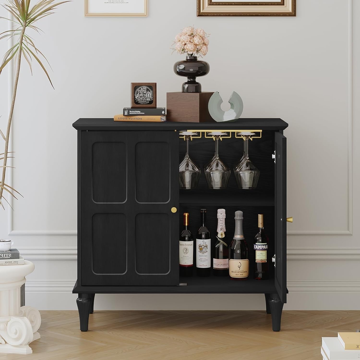 Mid-Century Wooden Drinks Cabinet with Wine Glass Rack & Storage for Home Bar