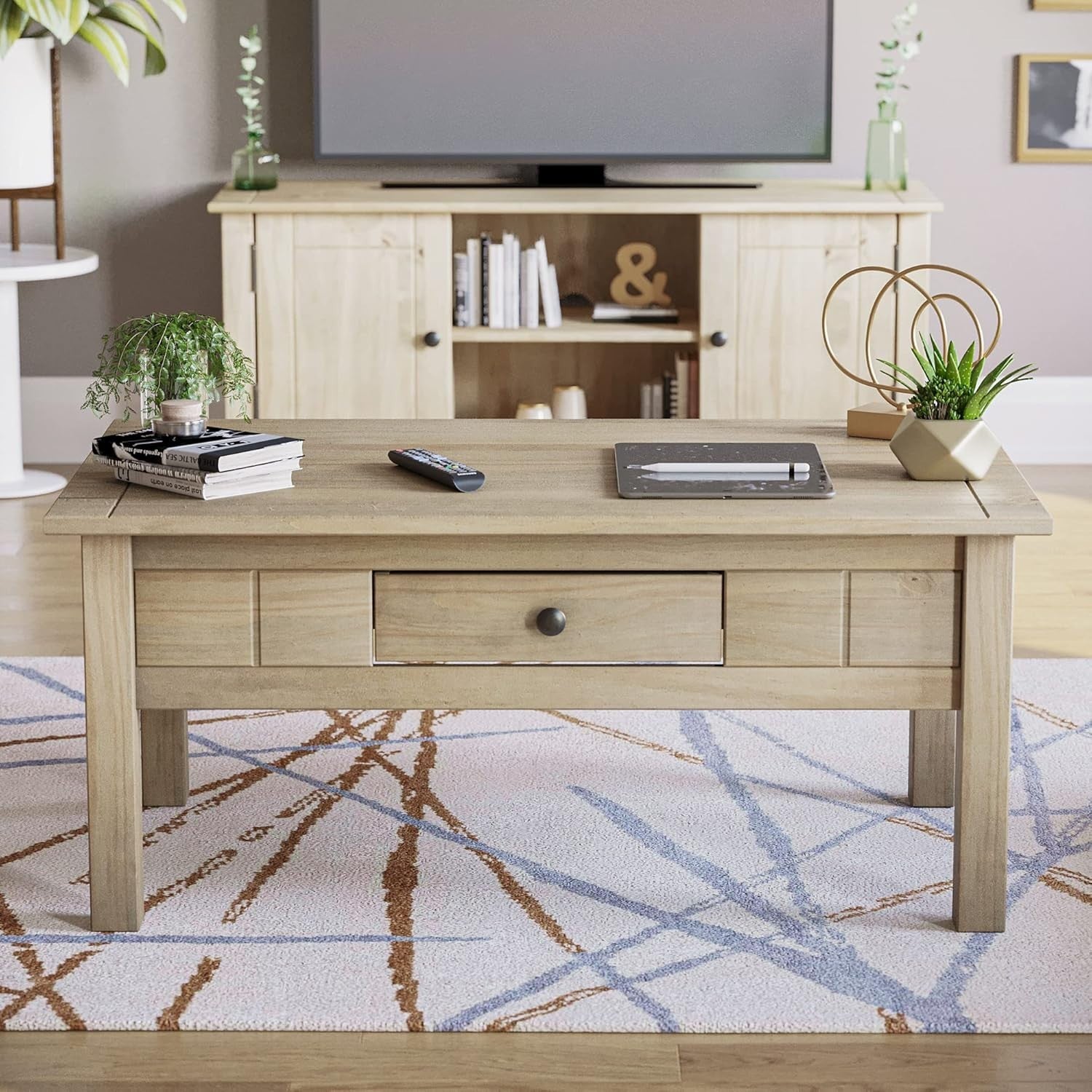 Rustic Natural Oak Coffee Table with Storage Drawer, Solid Pine Wood 60x100cm