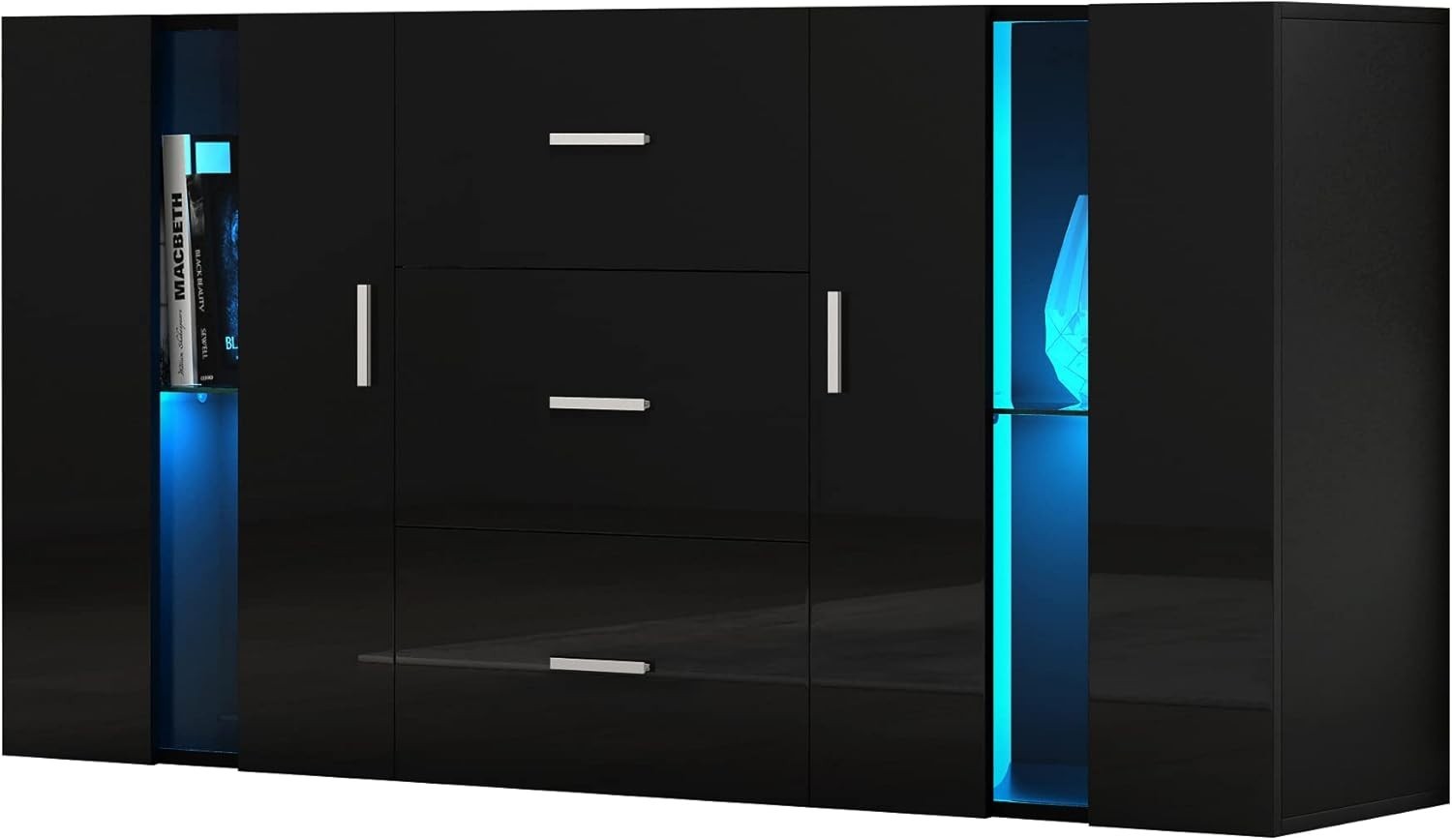 Modern Black LED Sideboard Cabinet 2 Doors 3 Drawers Living Room Storage Unit