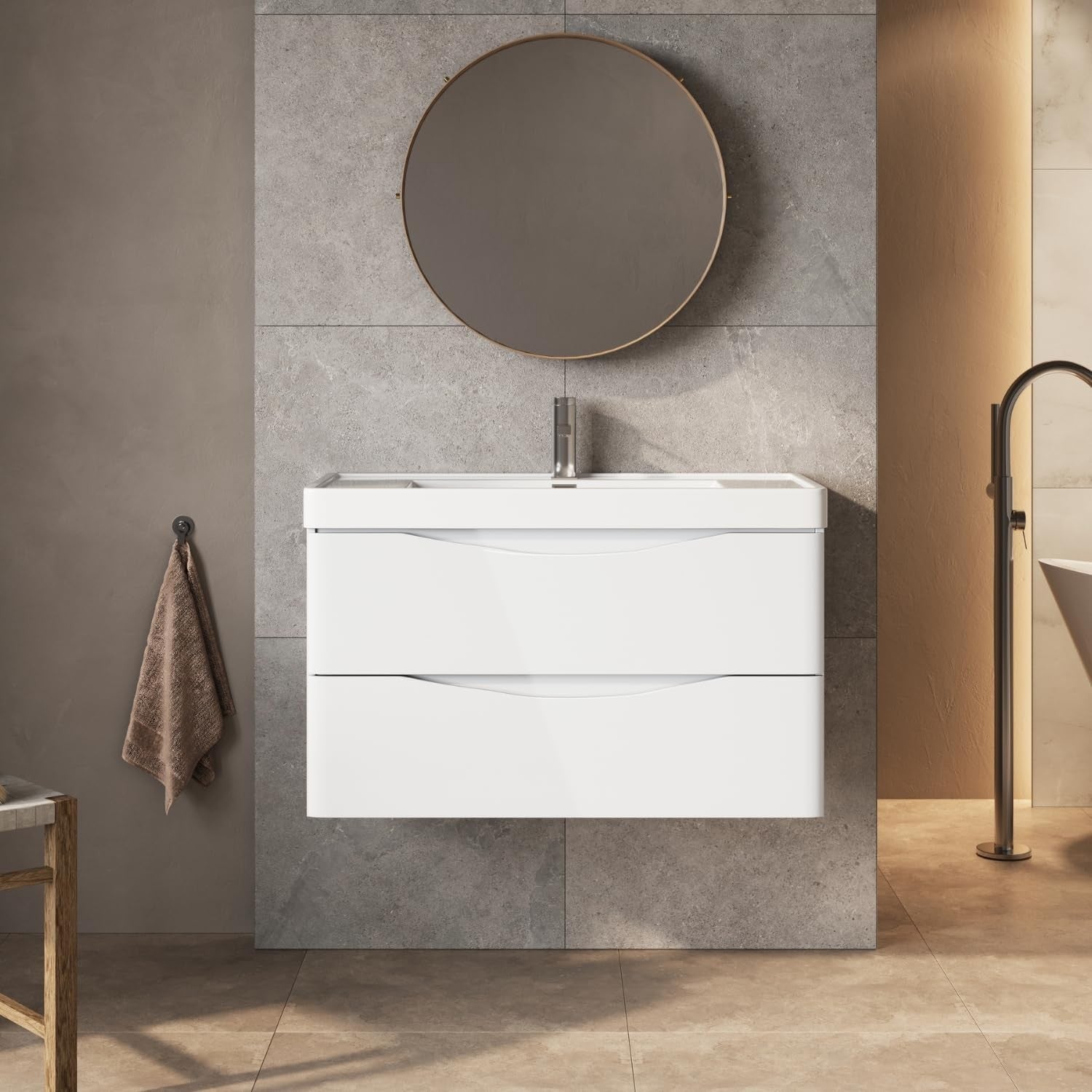 900mm Wall Hung Vanity Unit White Gloss Resin Basin Modern Bathroom Cabinet