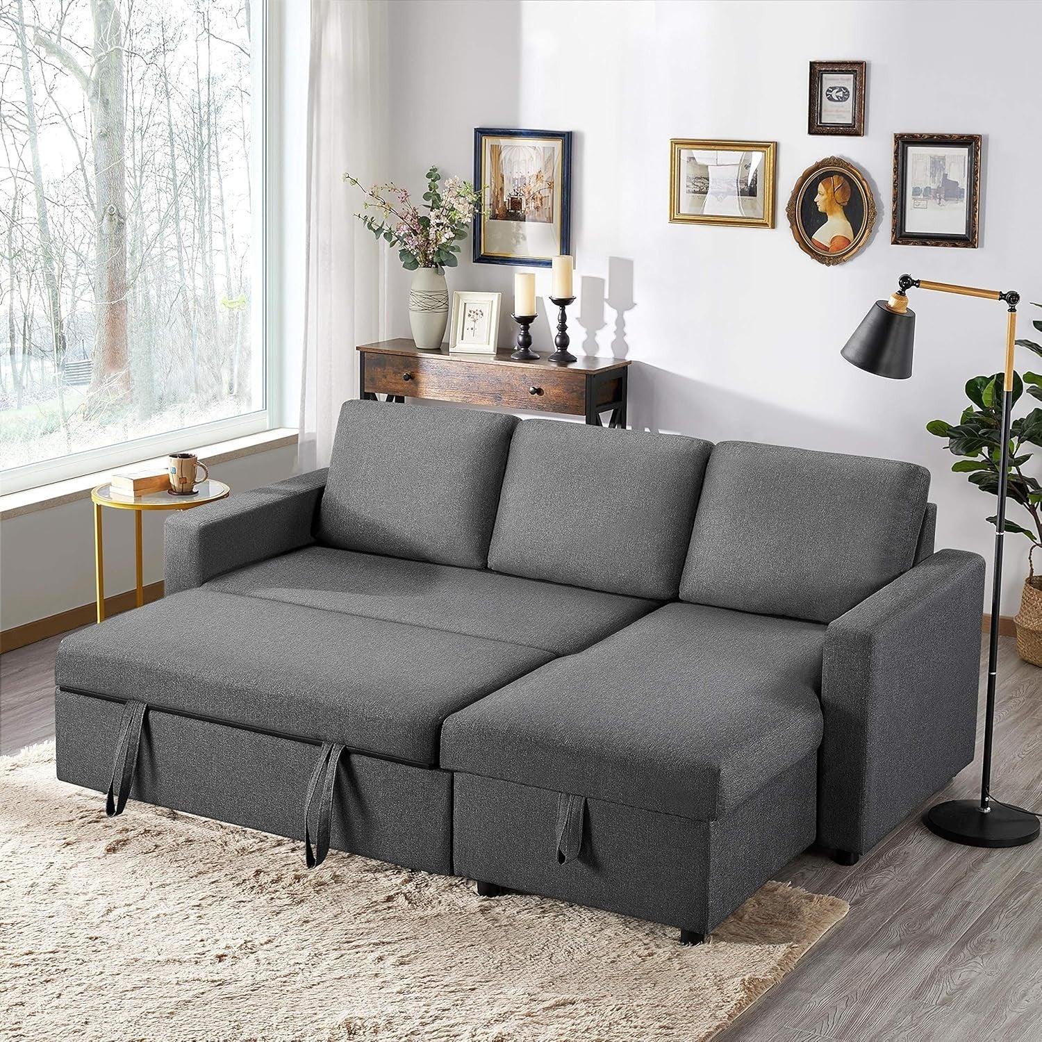 Grey L-Shaped Sofa Bed 3 Seater Pull Out Storage Corner Couch Modern