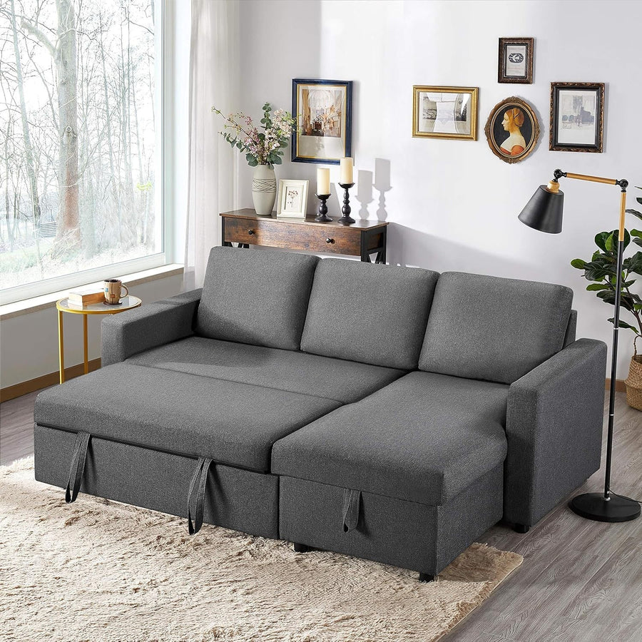 Grey L-Shaped Sofa Bed 3 Seater Pull Out Storage Corner Couch Modern