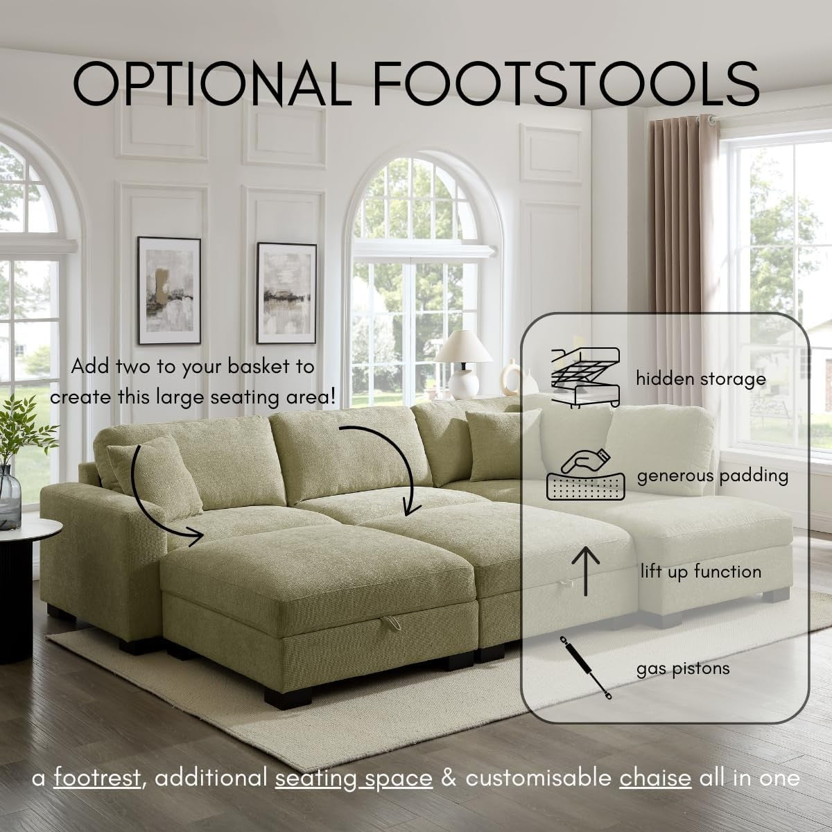 Sage Green Right Hand Corner Sofa – 5 Seater Chenille Couch w/ Footstool