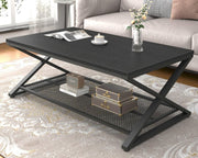 Modern Black Oak Coffee Table with Shelf – Industrial 2 Tier Rectangular Center