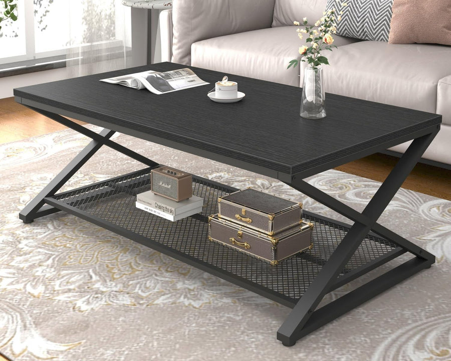 Modern Black Oak Coffee Table with Shelf – Industrial 2 Tier Rectangular Center