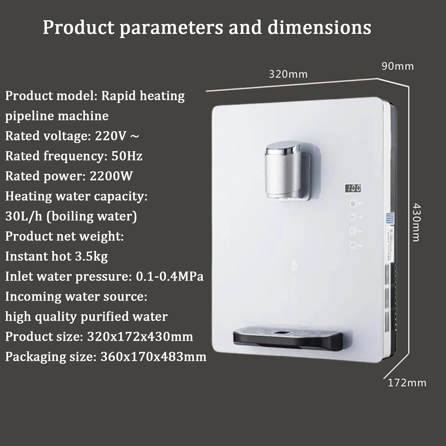 Wall Mounted Water Dispenser Hot Cold Ice Mains Fed Touch Screen Child Lock