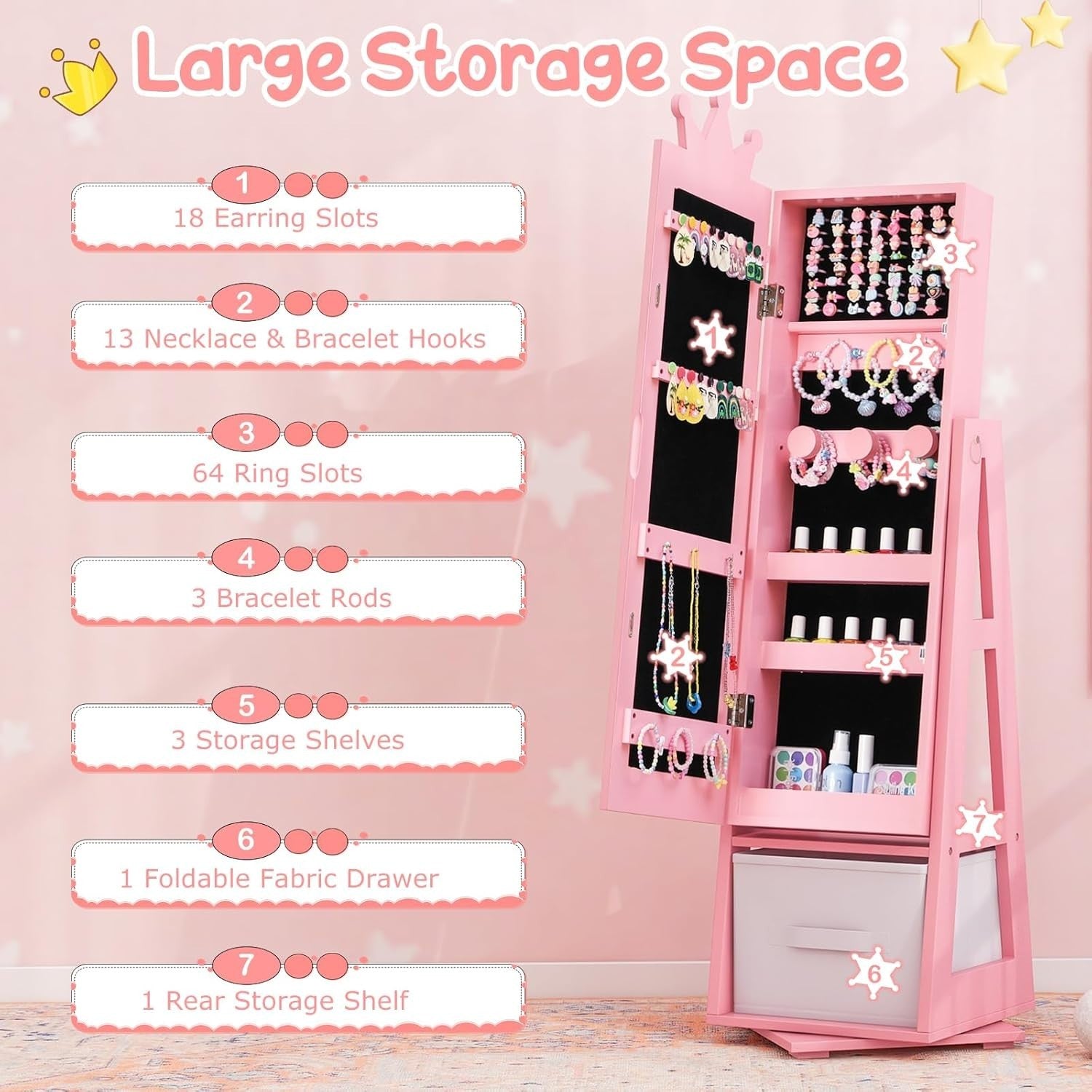 Kids 360° Swivel Jewelry Cabinet Mirror Organizer with Anti Tip Base