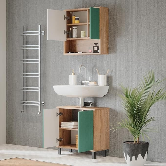 Mint Green Oak Sink Cabinet 56cm Bathroom Vanity Unit with Doors Modern Storage