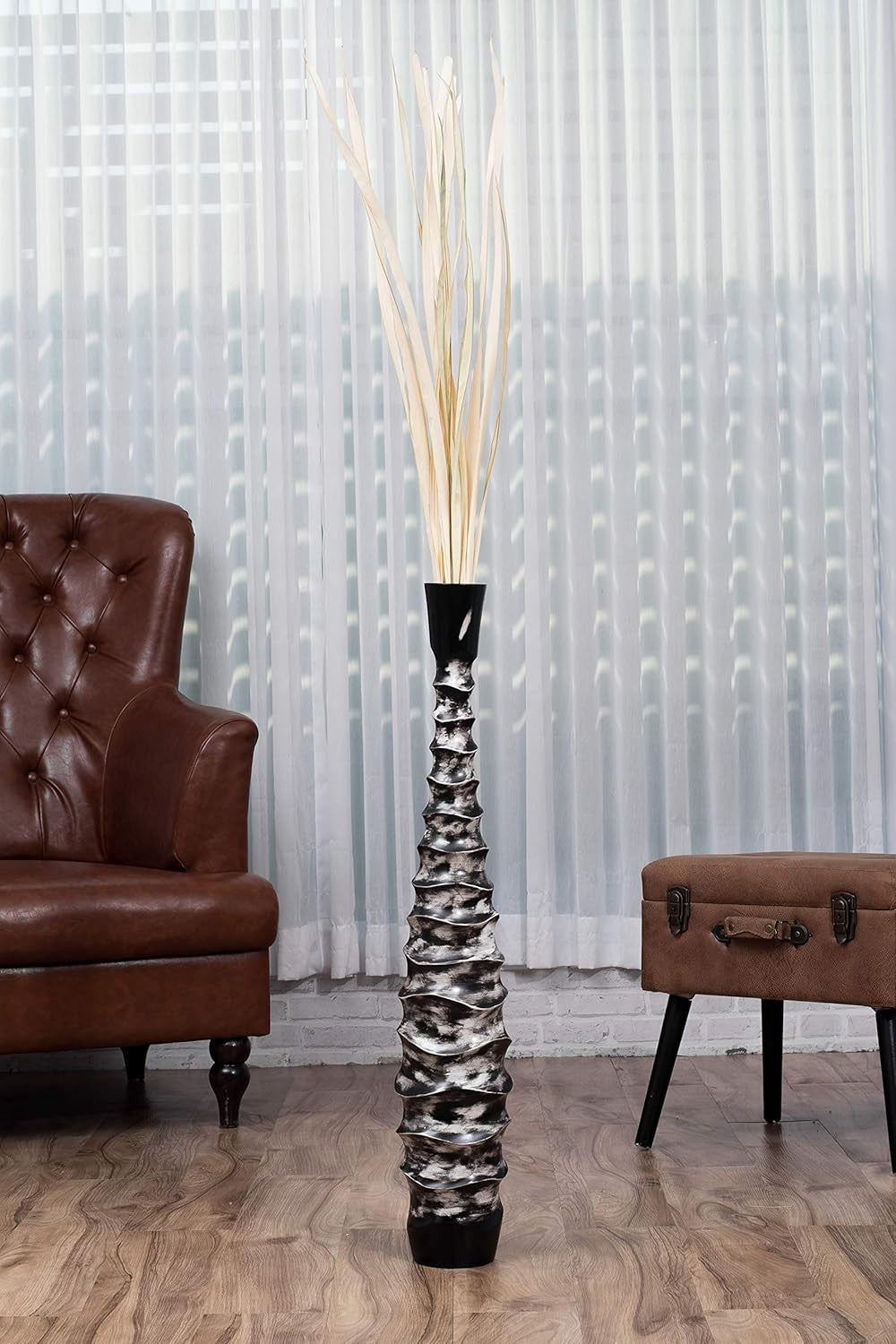 Large Black White Floor Vase 85cm Tall Wooden Decor for Pampas Grass