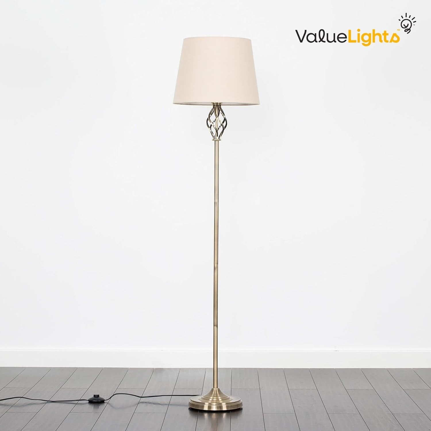 Antique Brass Twist Floor Lamp with Beige Tapered Shade Classic Standing Light