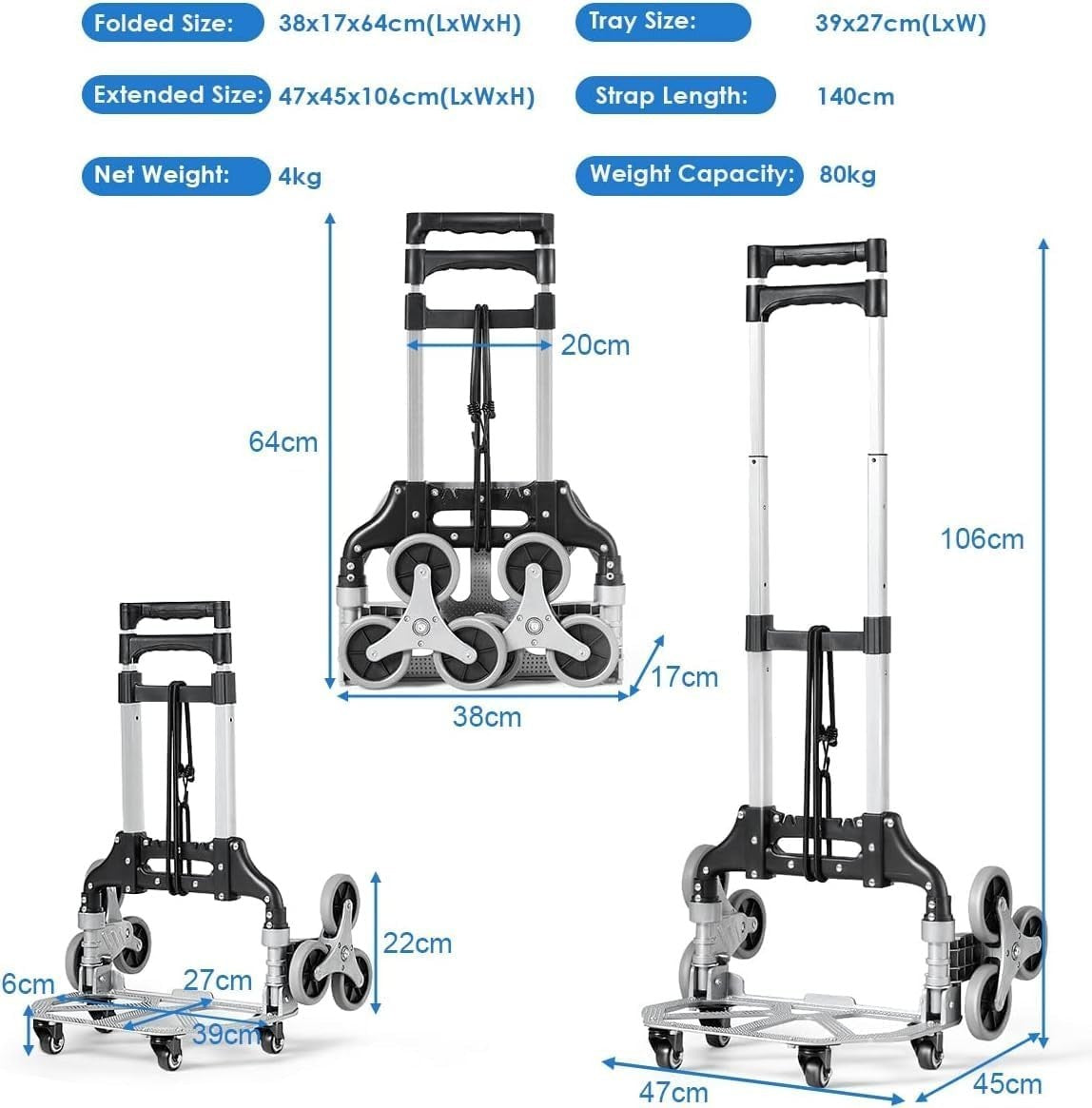 Folding Stair Climbing Hand Truck 80kg 10 Wheel Adjustable Handle Trolley