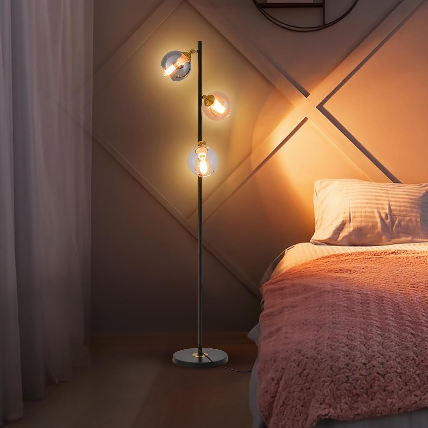 Industrial Floor Lamp 3 Light Glass Globe Standing Lamp Foot Switch Black