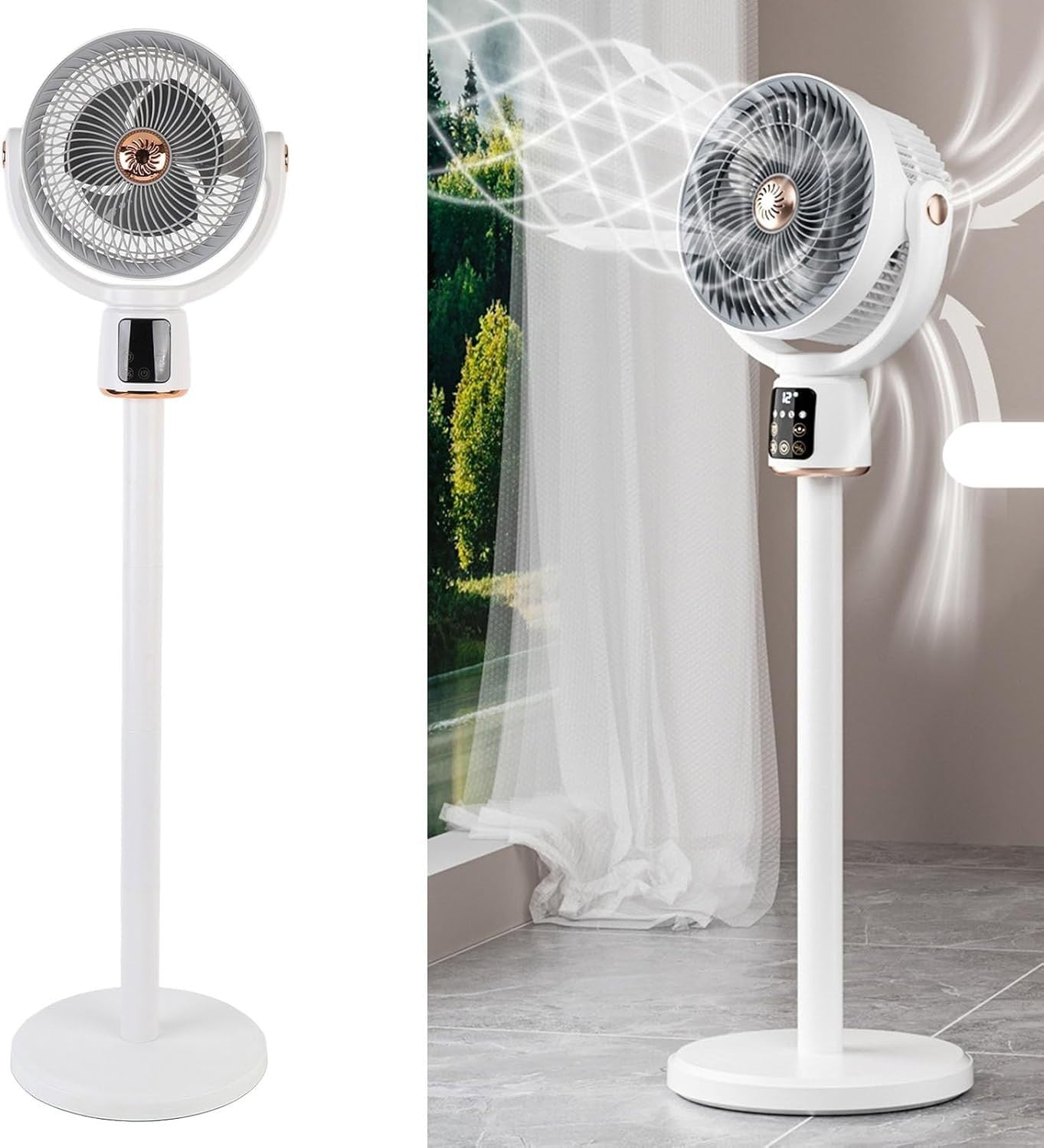 Oscillating White Standing Fan – 360° Air Circulation Remote Cooling for Bedroom