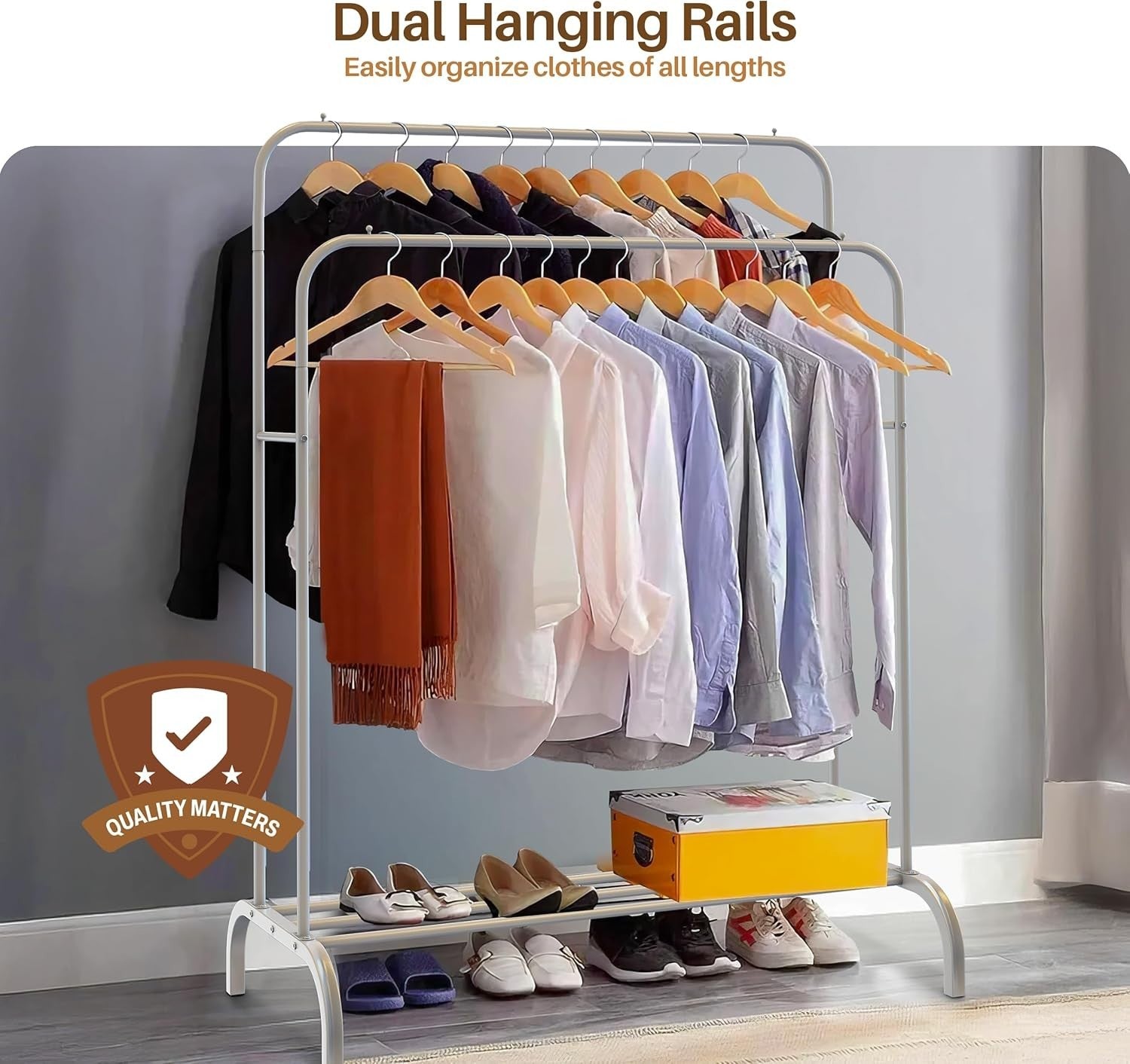 Heavy Duty Double Clothes Rail with Shoe Shelf - White