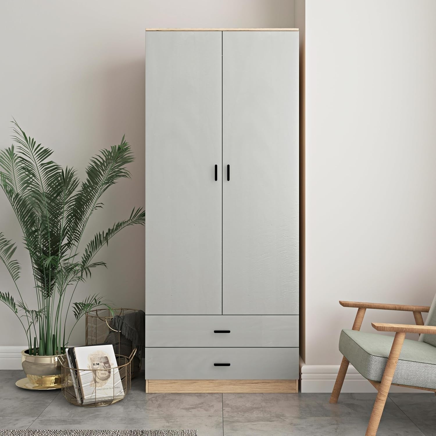 Tall Oak 2 Door Grey Wardrobe with Drawers | Modern Bedroom Clothes Storage
