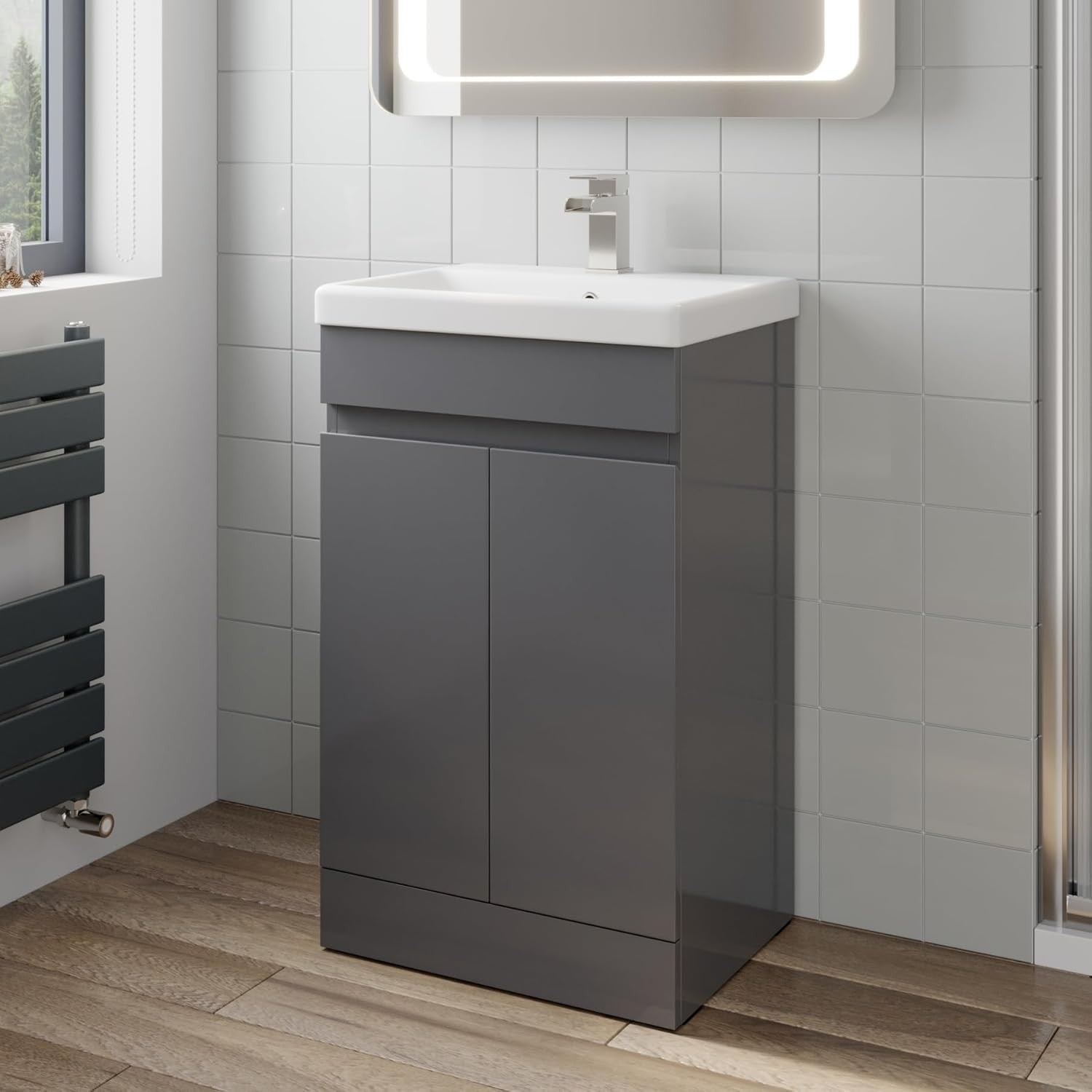 Grey Gloss 500mm Bathroom Vanity Unit with Basin | Modern Sink Storage Cabinet