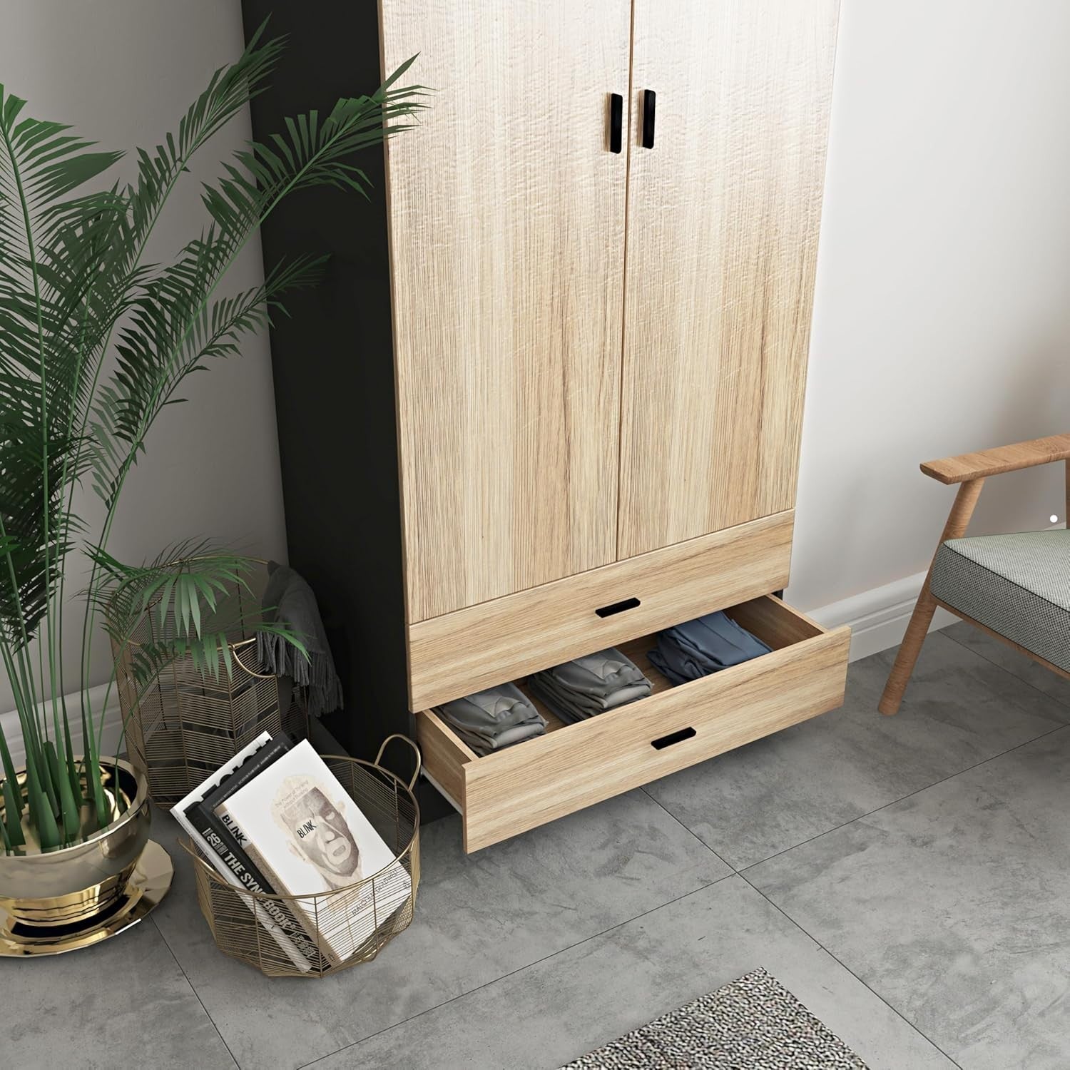 Black Oak 2 Door Wardrobe with Drawers Hanging Rail Bedroom Storage