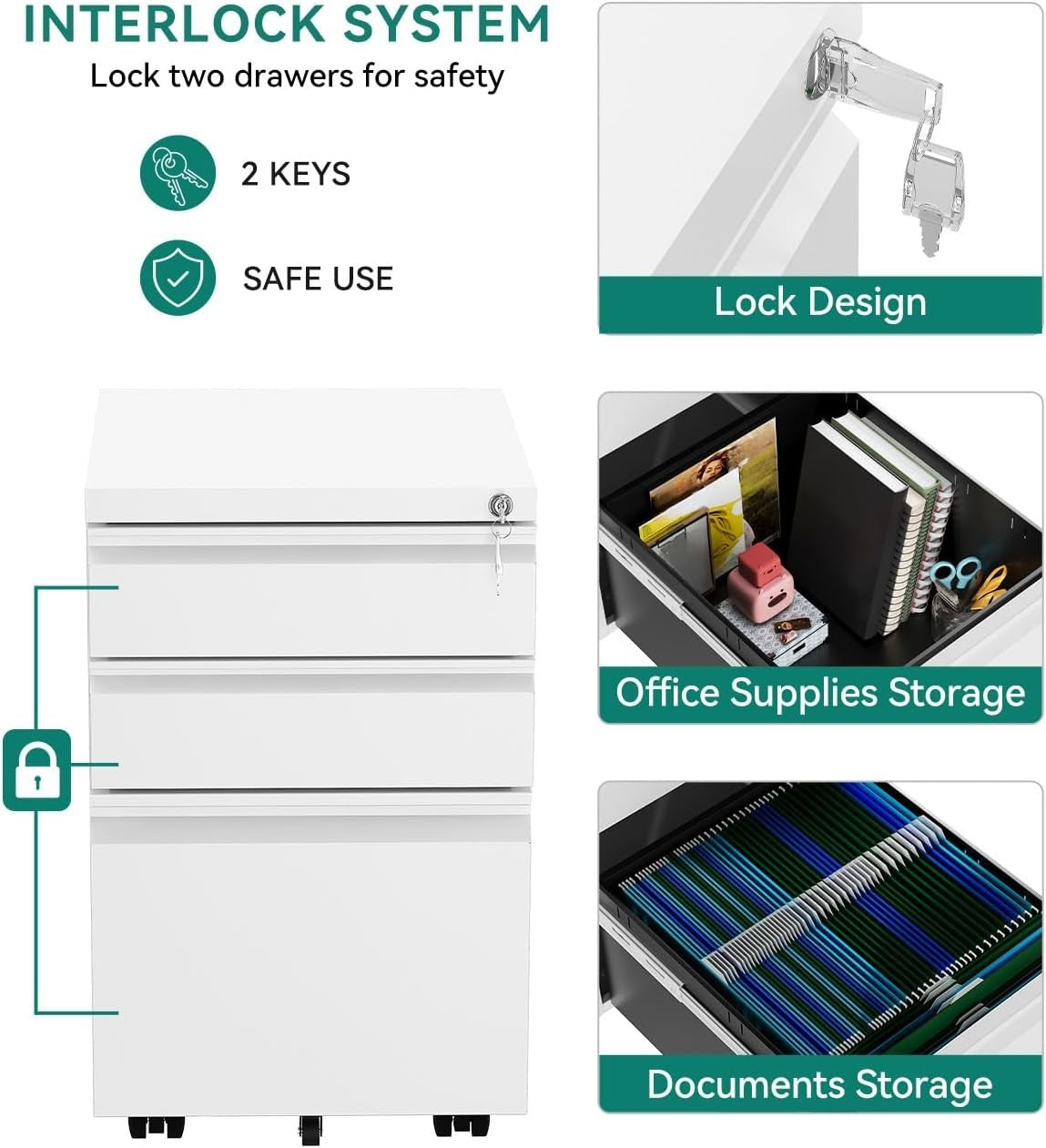 White Mobile File Cabinet 46x39x62cm Lockable 3 Drawer Steel