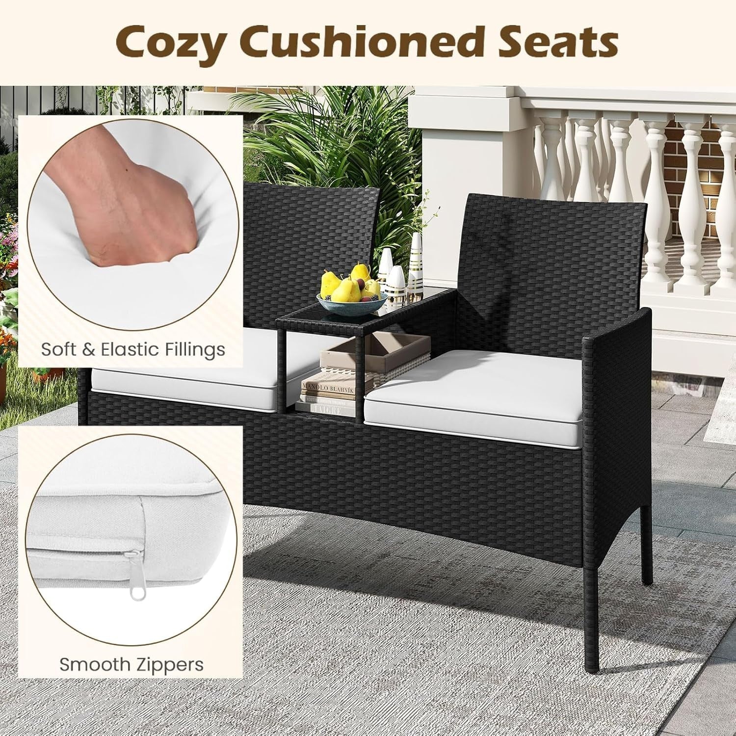 2 Seater Outdoor Rattan Sofa with Glass Table Patio Garden Love Seat Beige