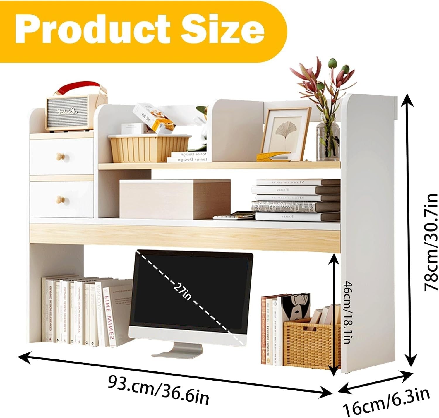 36.6" White Desk Hutch Shelf | 4-Tier Desktop Bookshelf Organizer for Monitor