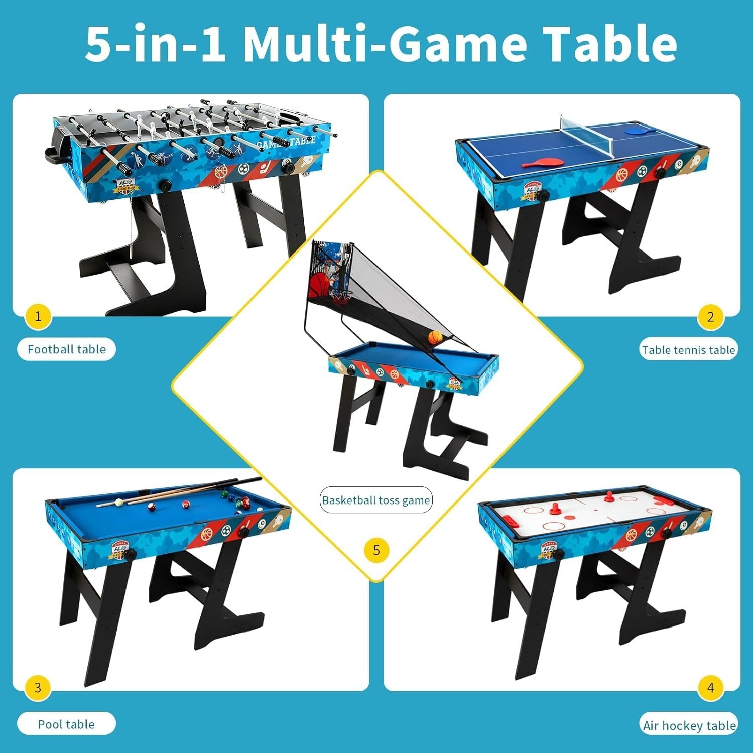 4FT 5 in 1 Multi Game Table Folding Sports Combo Kids Family Fun