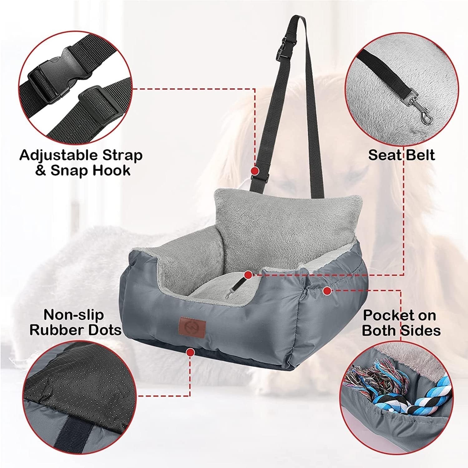 Pet Car Booster Seat Plush Dog Travel Bed Safety Leash Waterproof Grey
