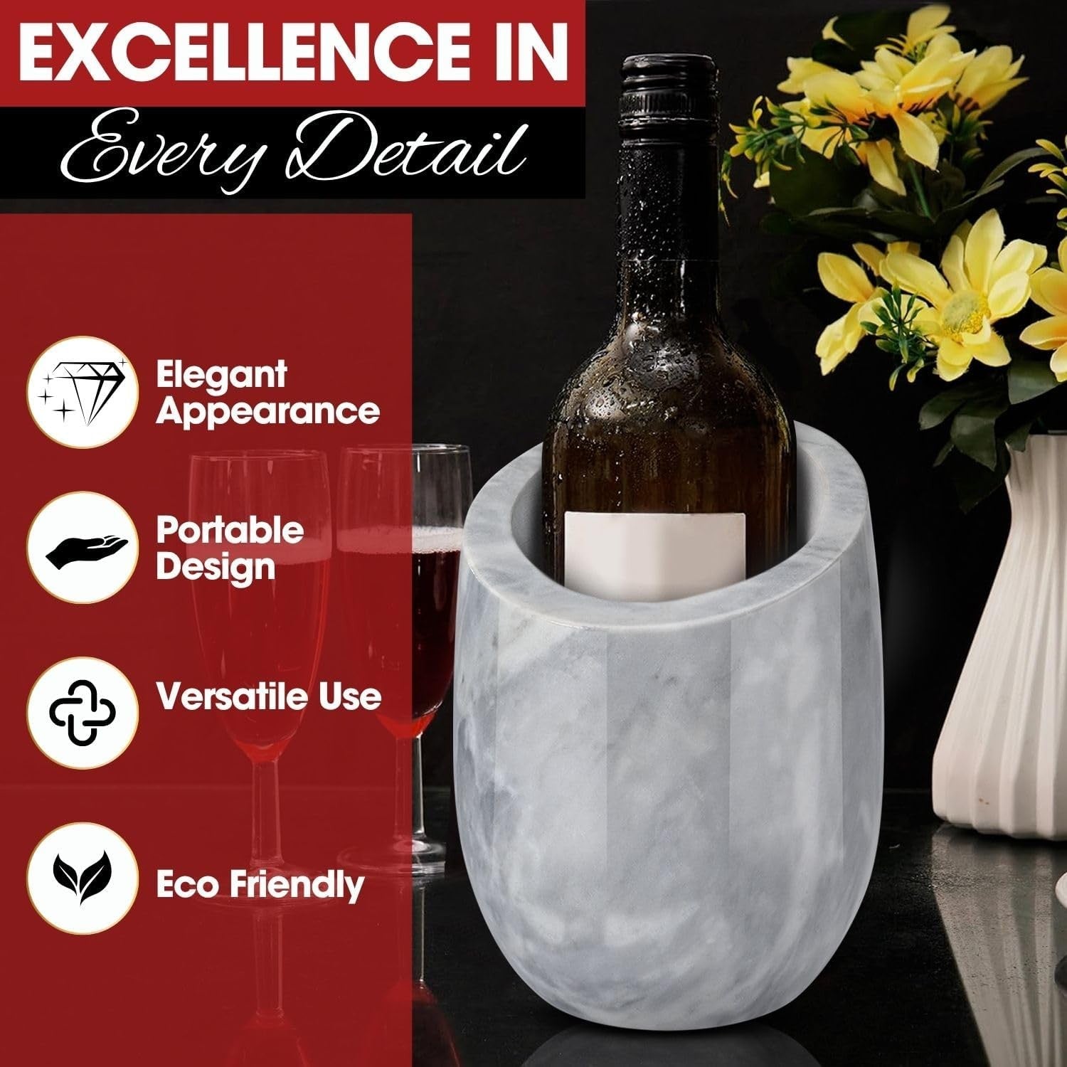 Marble Wine Chiller Bucket Champagne Cooler Ice Free Tabletop 750ml Bottle