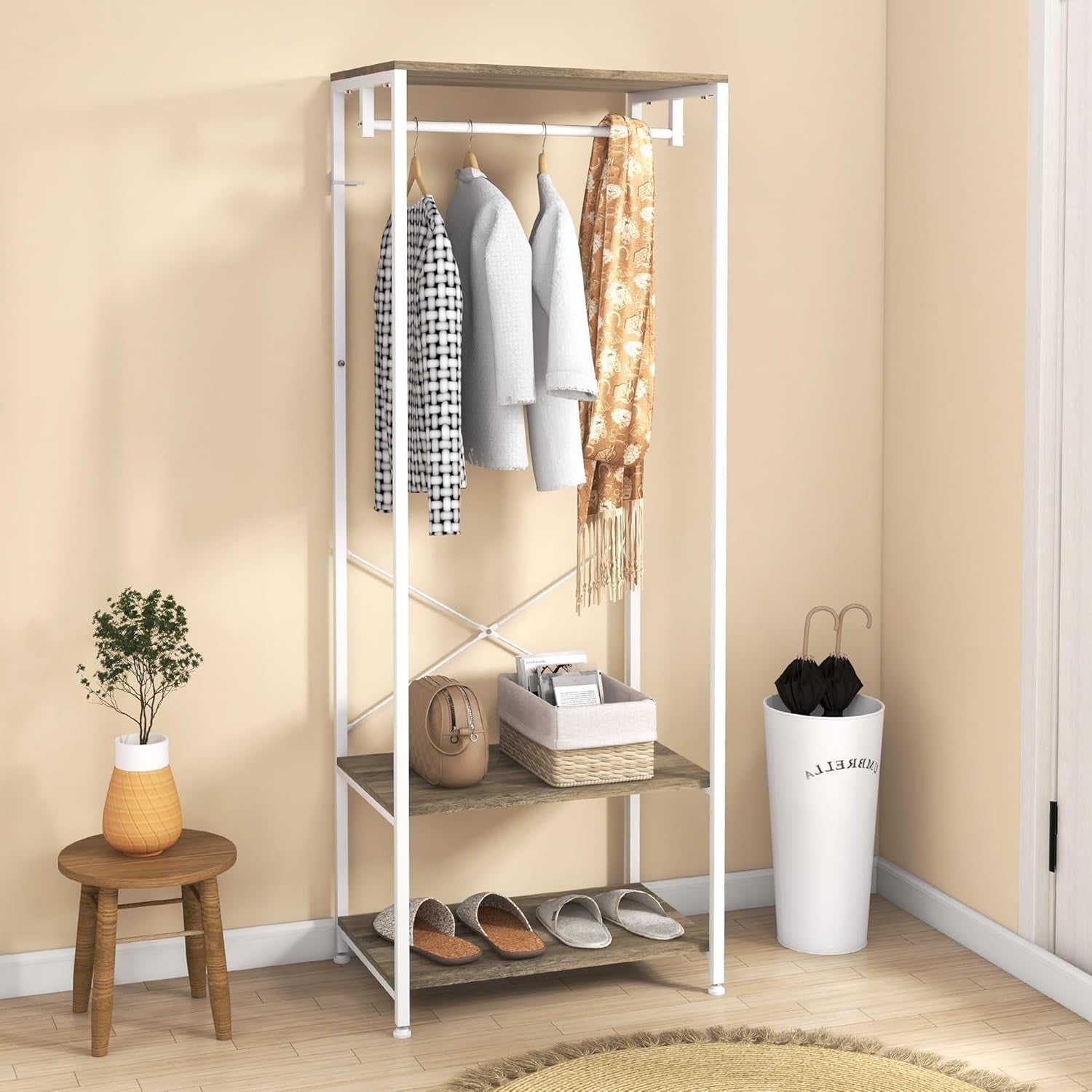 2-in-1 Coat Rack Hall Tree w/ Shoe Shelves Grey White 168cm