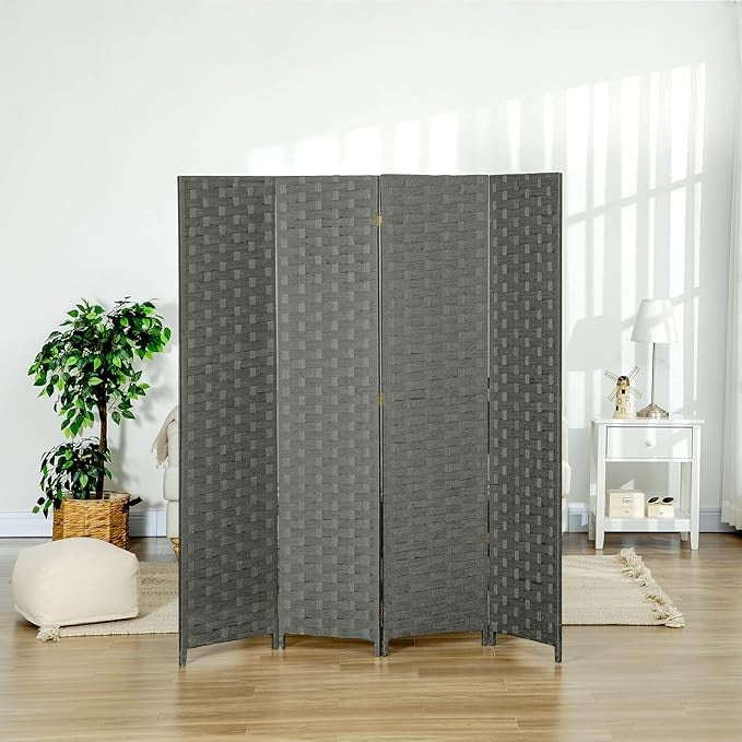 4 Panel Grey Woven Room Divider 170cm Folding Privacy Screen Partition Wall