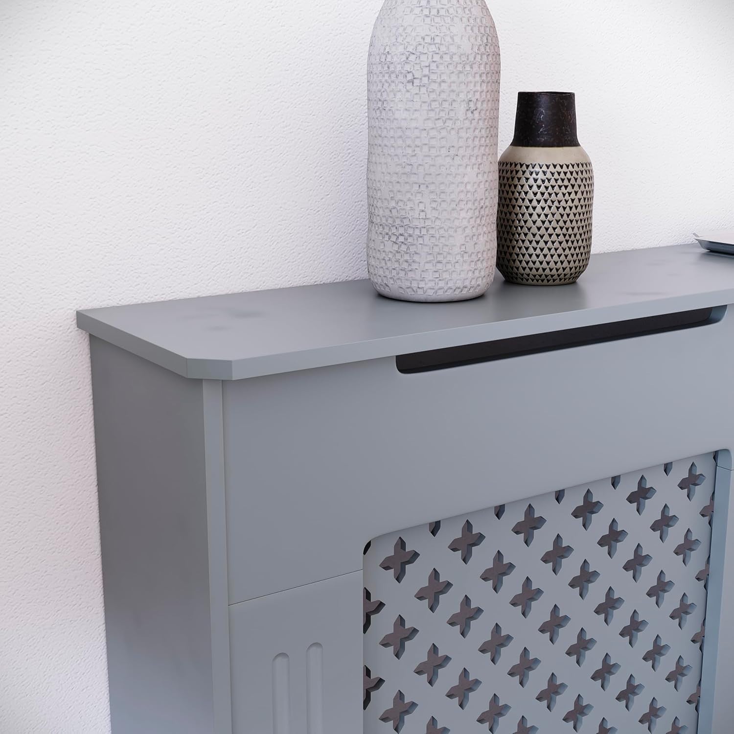 Medium Grey Radiator Cover 82x111x19cm MDF Cross Pattern Heat Efficient Cabinet