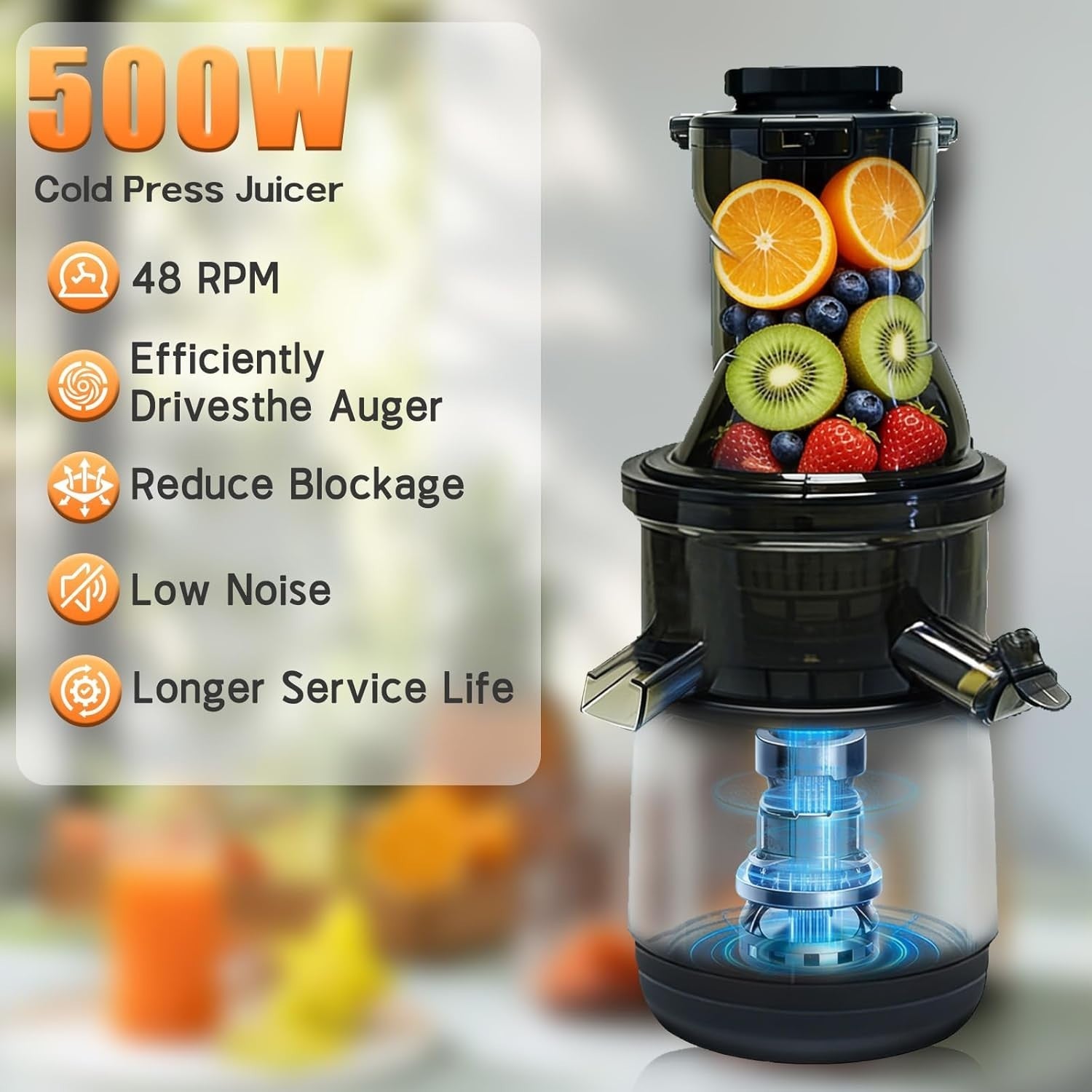 Cold Press Juicer 500W 83mm Wide Chute Slow Masticating High Yield Extractor