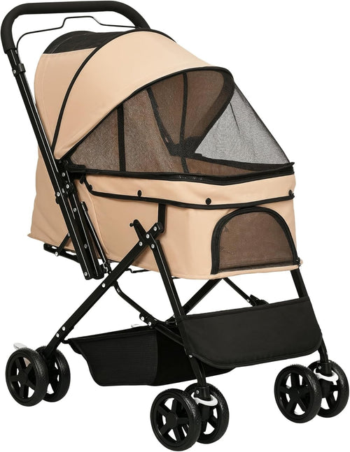 Light Brown Dog Pushchair Foldable Pet Stroller Reversible Handle EVA Wheels