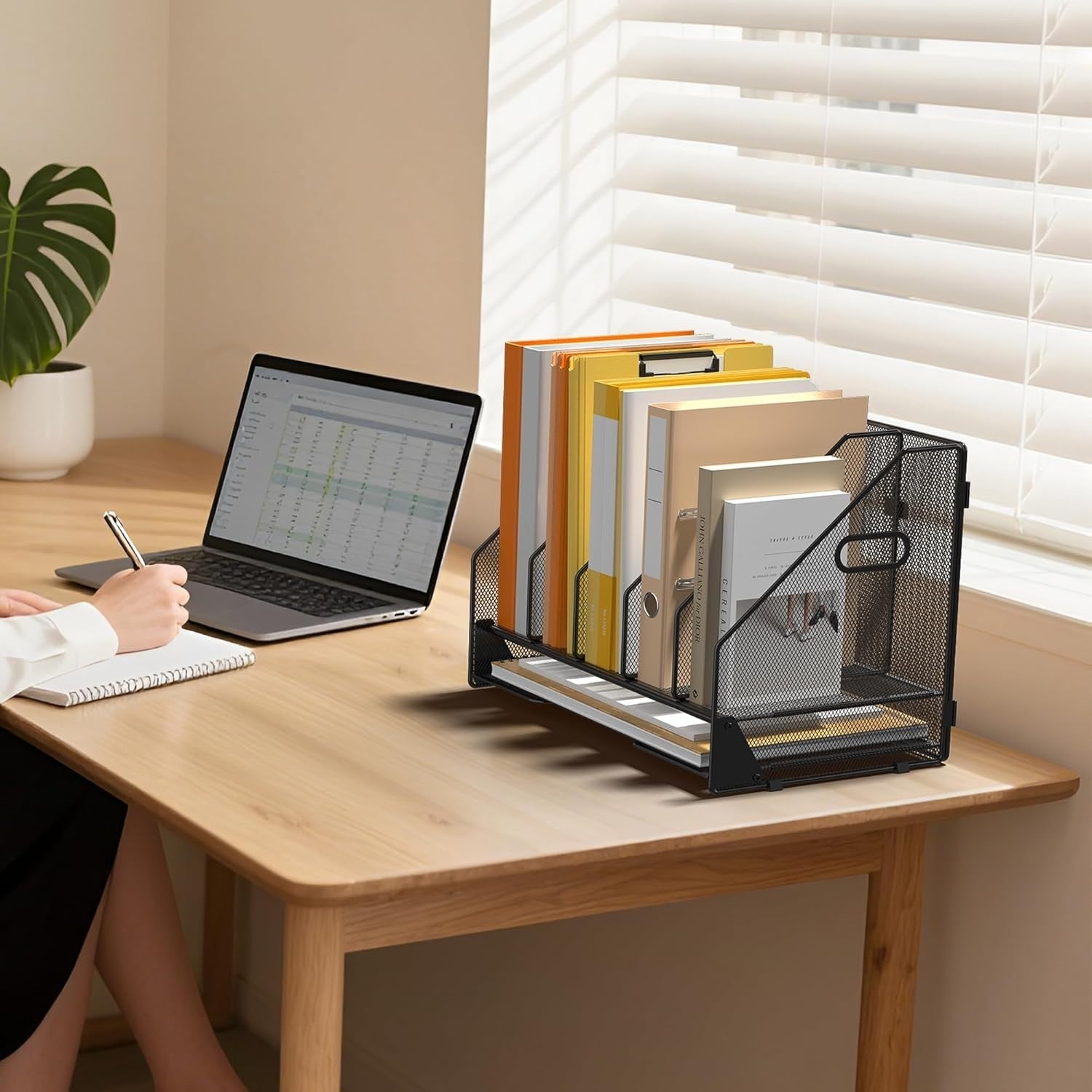 Desktop File Organizer Rack – 5 Vertical Compartments, Mesh Folder Holder, Home