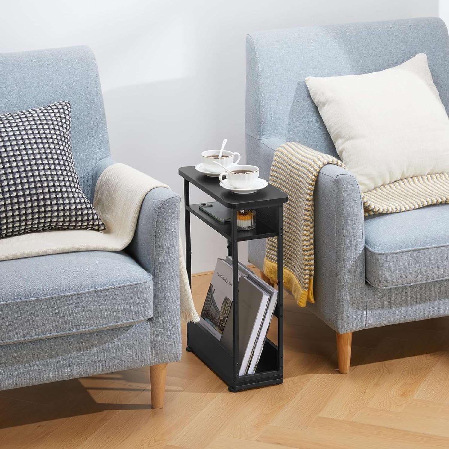 Slim Black Side Table for Small Spaces – 3-Tier Storage Bedside Unit 55cm
