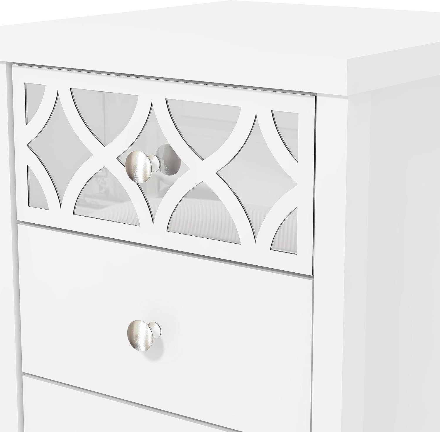 White 3 Drawer Bedside Table with Mirrored Panel, Modern Bedroom Cabinet 59x39cm