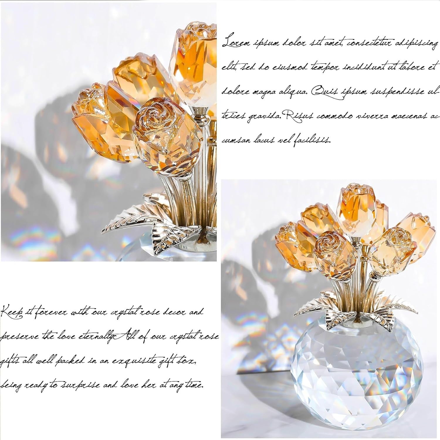 Gold Crystal Rose Bouquet Ornament Gift for Women Mum Anniversary Wedding