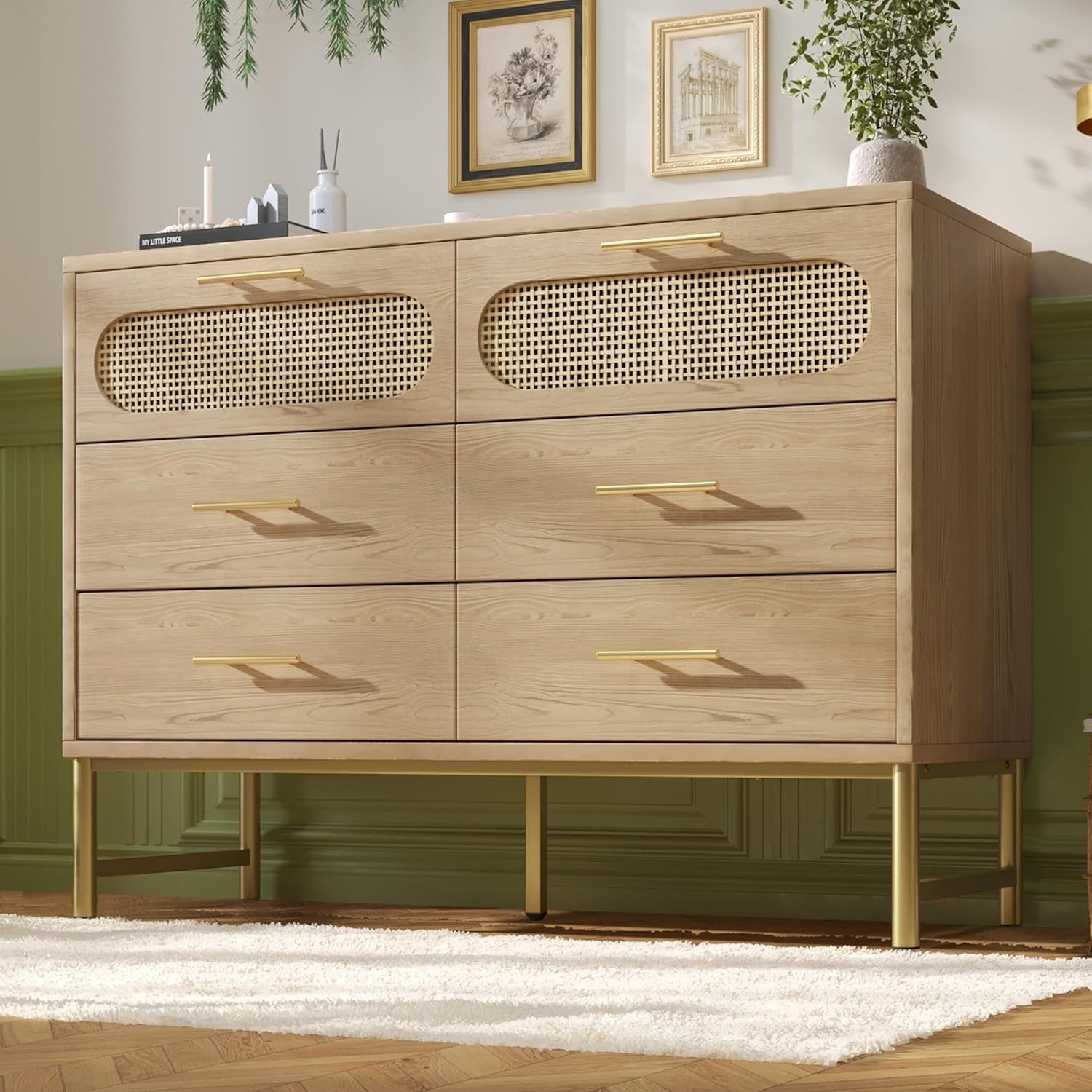 Rustic 6-Drawer Sideboard Cabinet with Metal Handles, Anti-Tip & Adjustable Feet