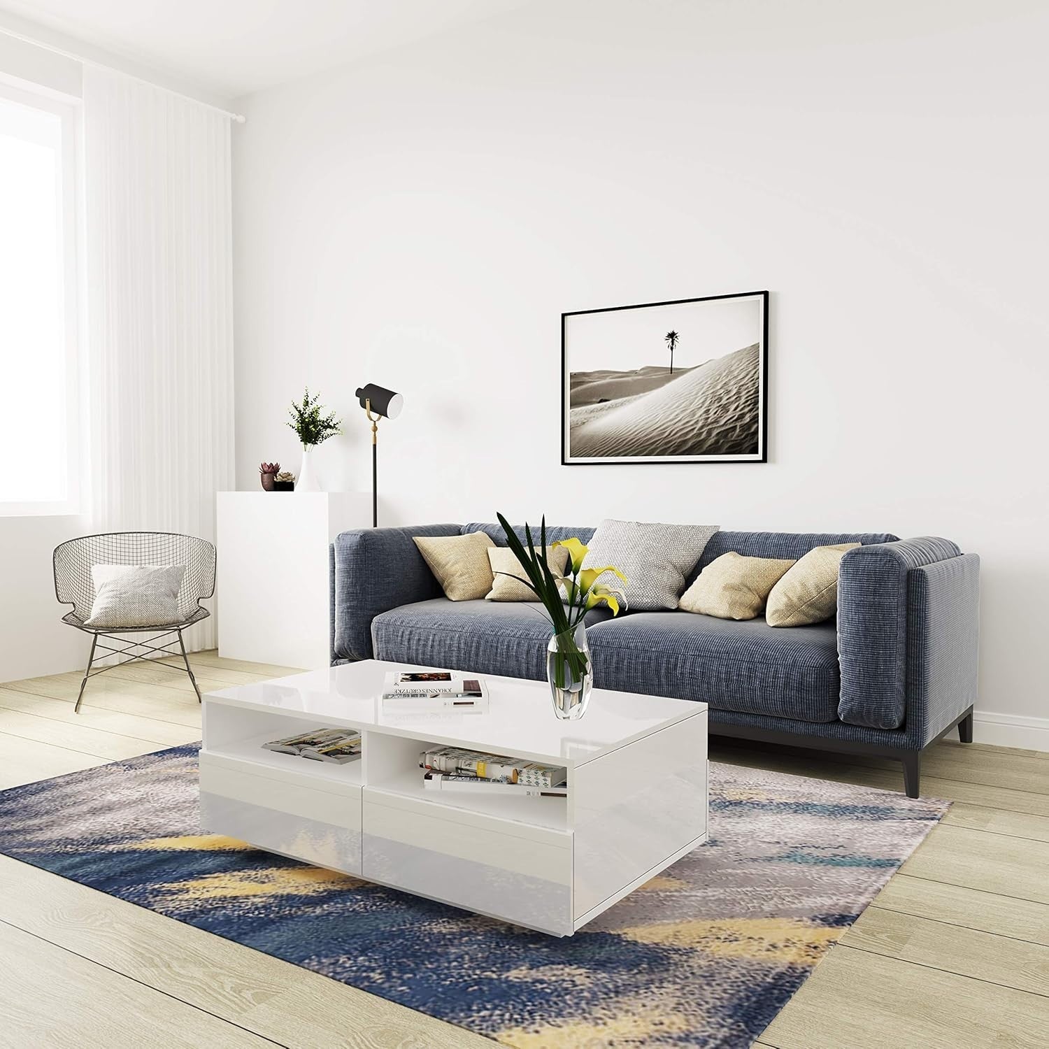 Modern White Gloss Coffee Table with 4 Drawers Storage 85x55x35cm
