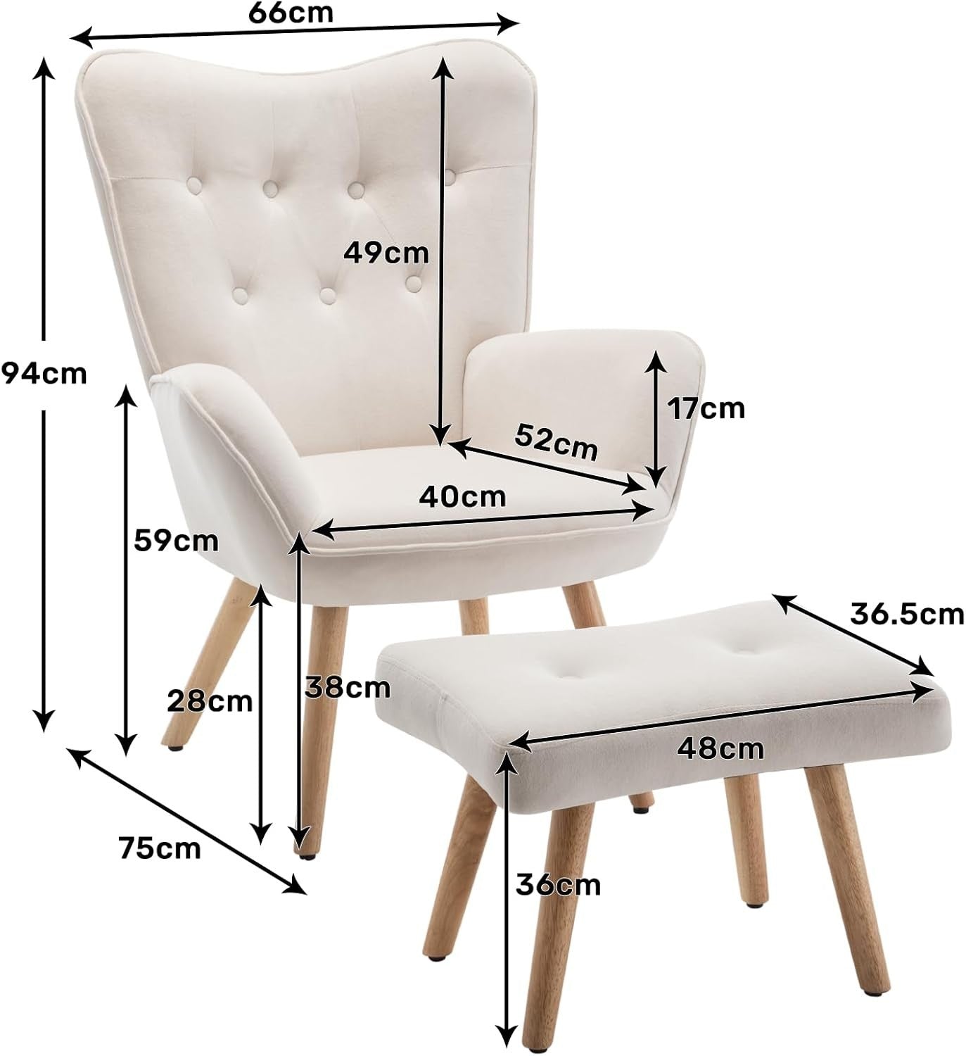 White Velvet Armchair with Footstool, Comfy Reading Lounge Chair Set