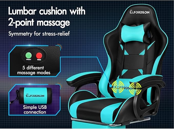 ELFORDSON Gaming Chair w/ 2-Point Massage Lumbar Cyan