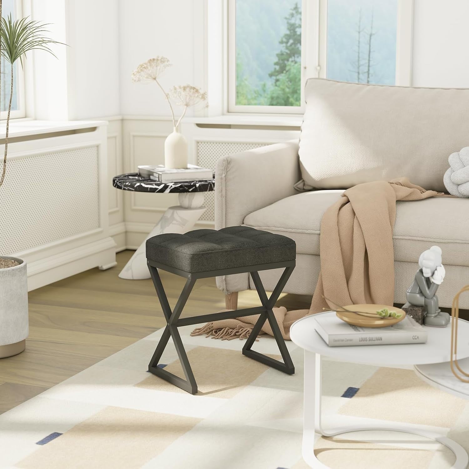 Black Linen Vanity Stool Ottoman with X-Shaped Metal Legs Footrest Bench