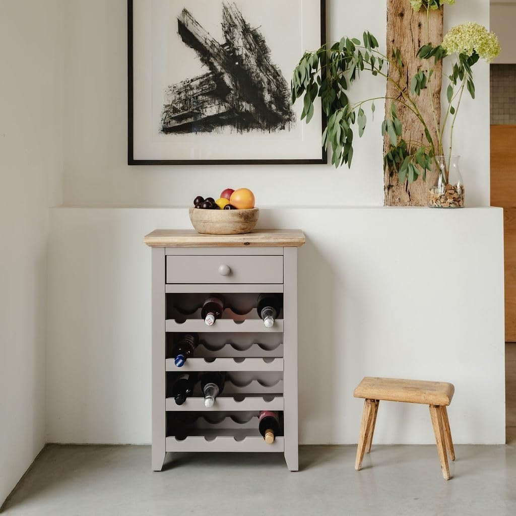 Dove Grey Wine Rack Side Cabinet with Drawer | Holds 16 Bottles Wood Console