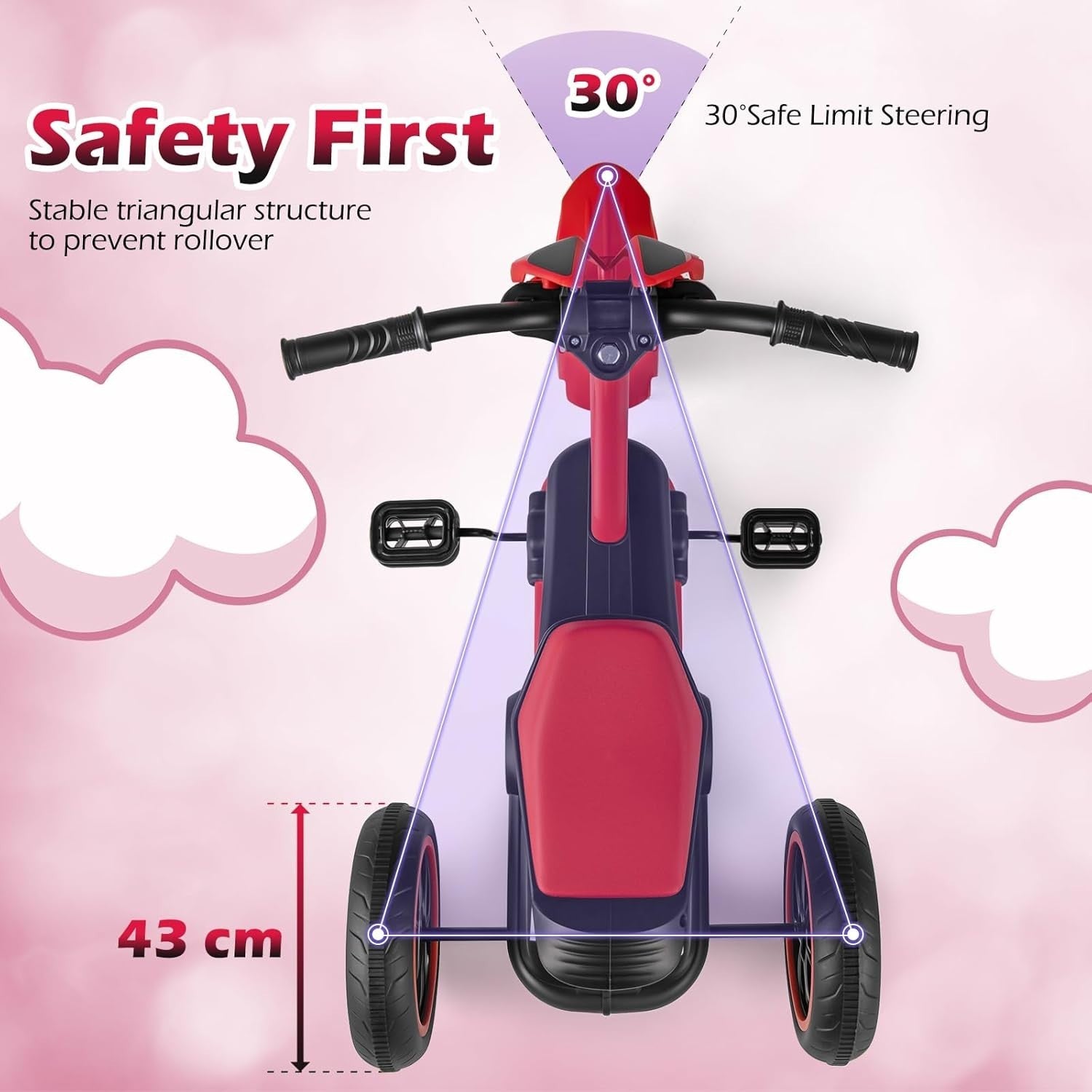 Kids Tricycle 3 Wheel Balance Bike Anti Slip Pedals Red Age 3+