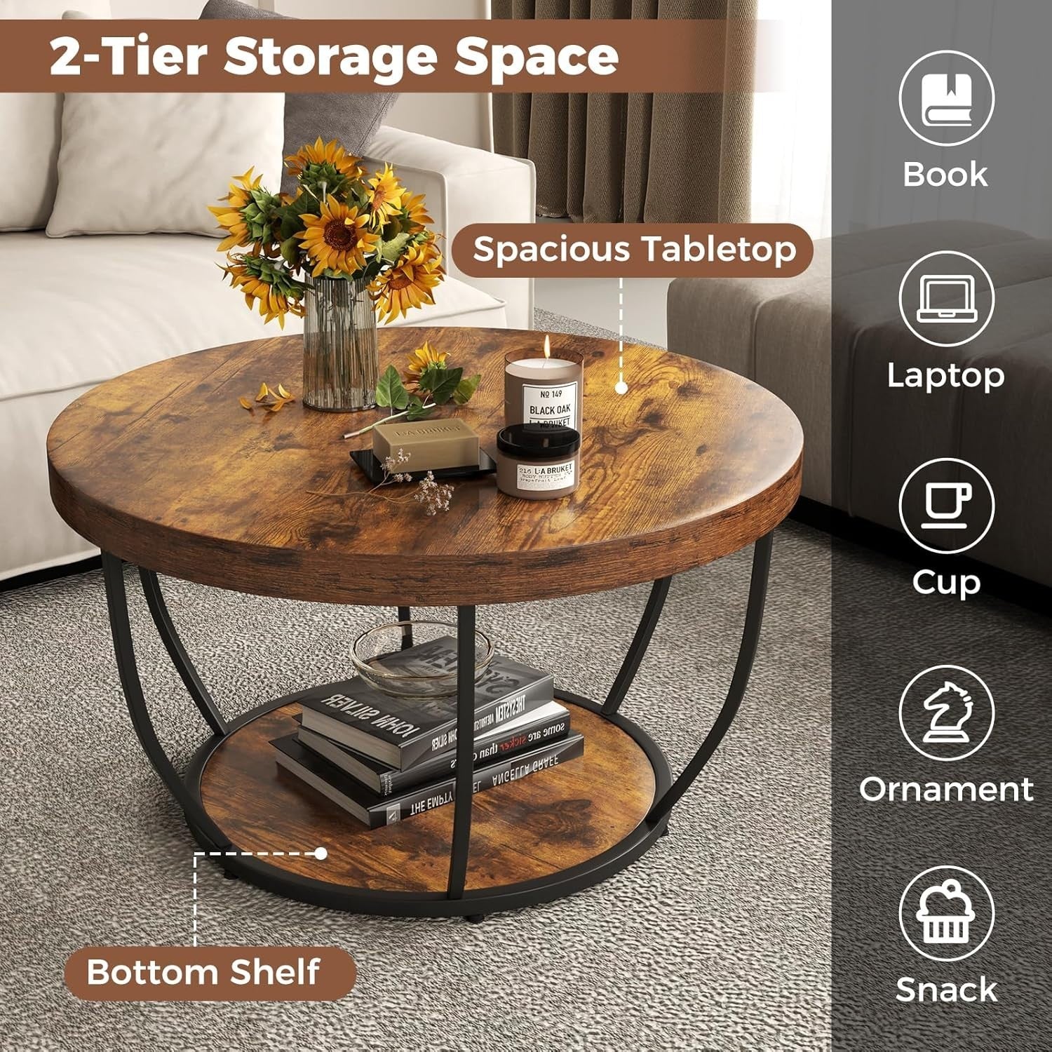 Round 2-Tier Coffee Table with Storage Shelf, Industrial Metal Frame, Rustic Bro