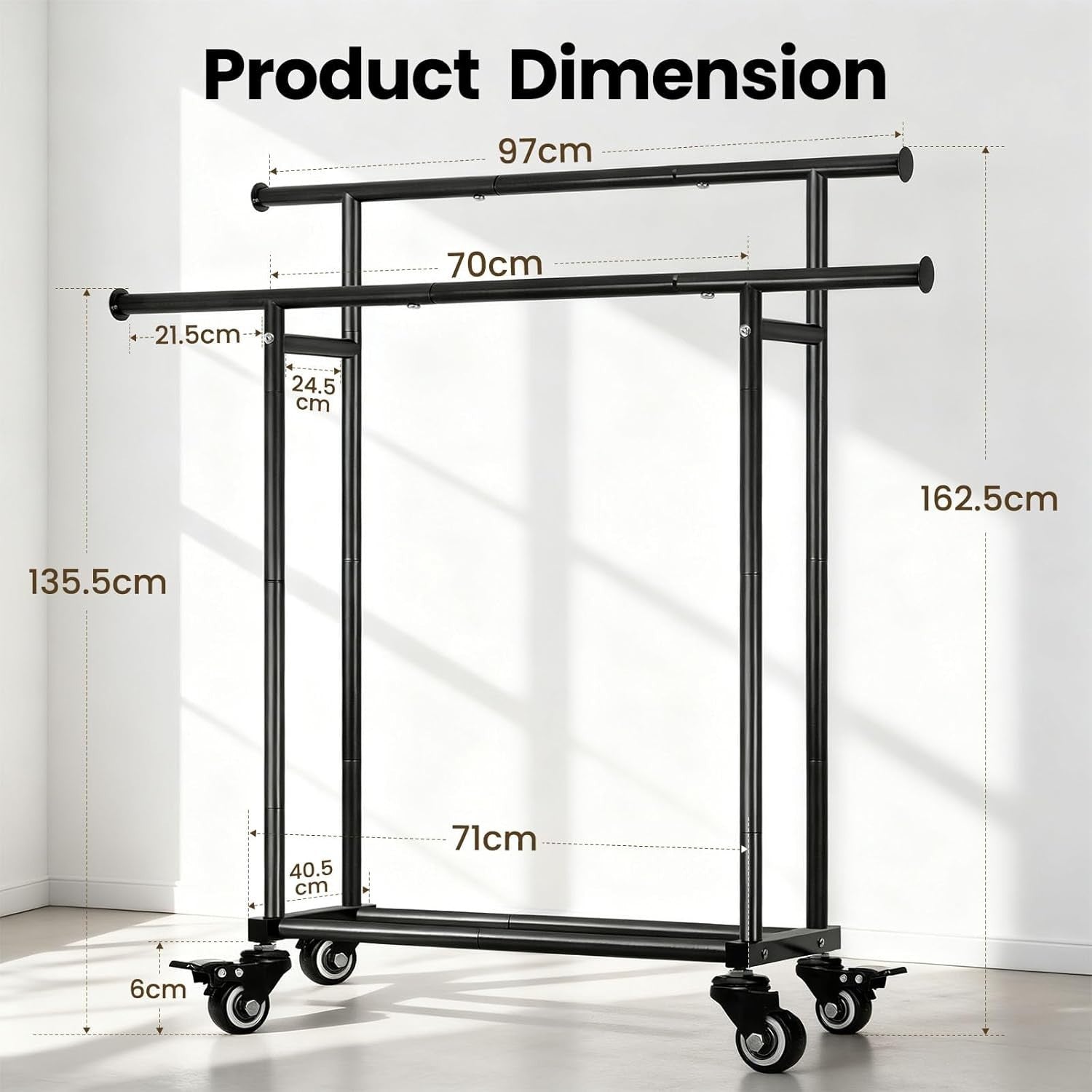 Heavy Duty Double Rail Clothes Rack with Wheels & Shelf – Black