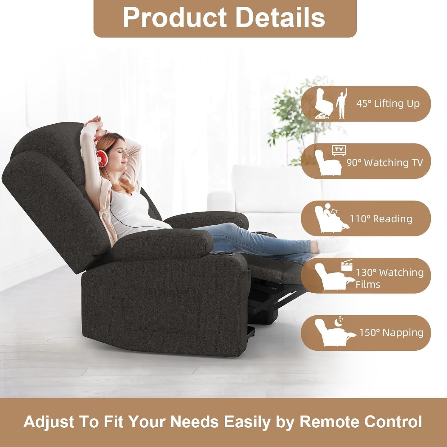 Power Lift Recliner Chair Massage Heat USB Ports Cup Holders Fabric Dark Grey