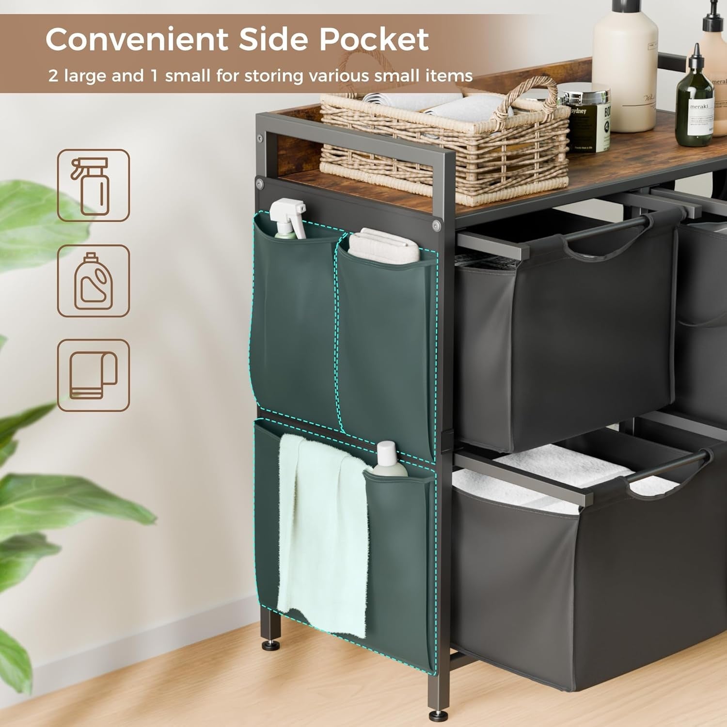 150L 4-Bag Laundry Hamper on Wheels with Rustic Top & Removable Liners